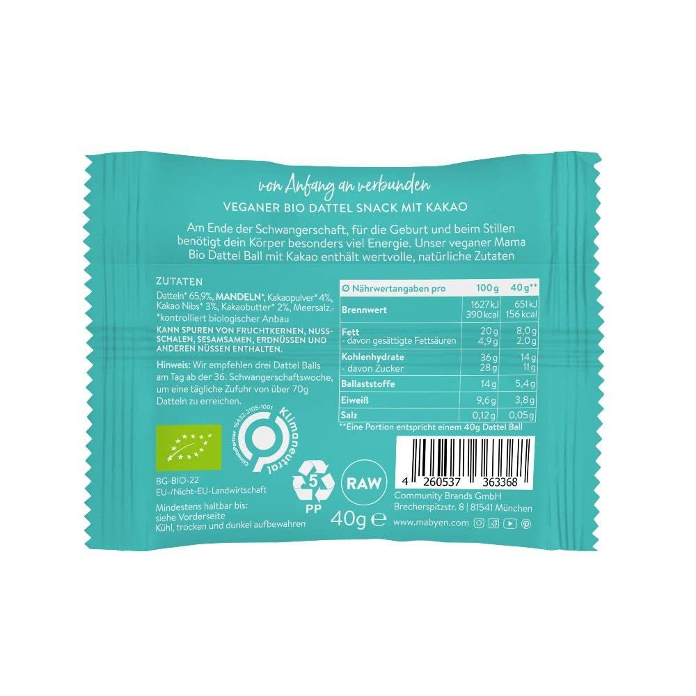 MABYEN Energy Balls Daktylowe Organiczne 20 szt. | Kulki Daktylowe - Zdrowe Przekąski Bez Cukru dla Ciąży i Karmienia Piersią - Batony Proteinowe Z Suszonymi Owocami - 13 x Kakao i 7 x Produkty Odwodnione o Smaku Mango Naty Shop