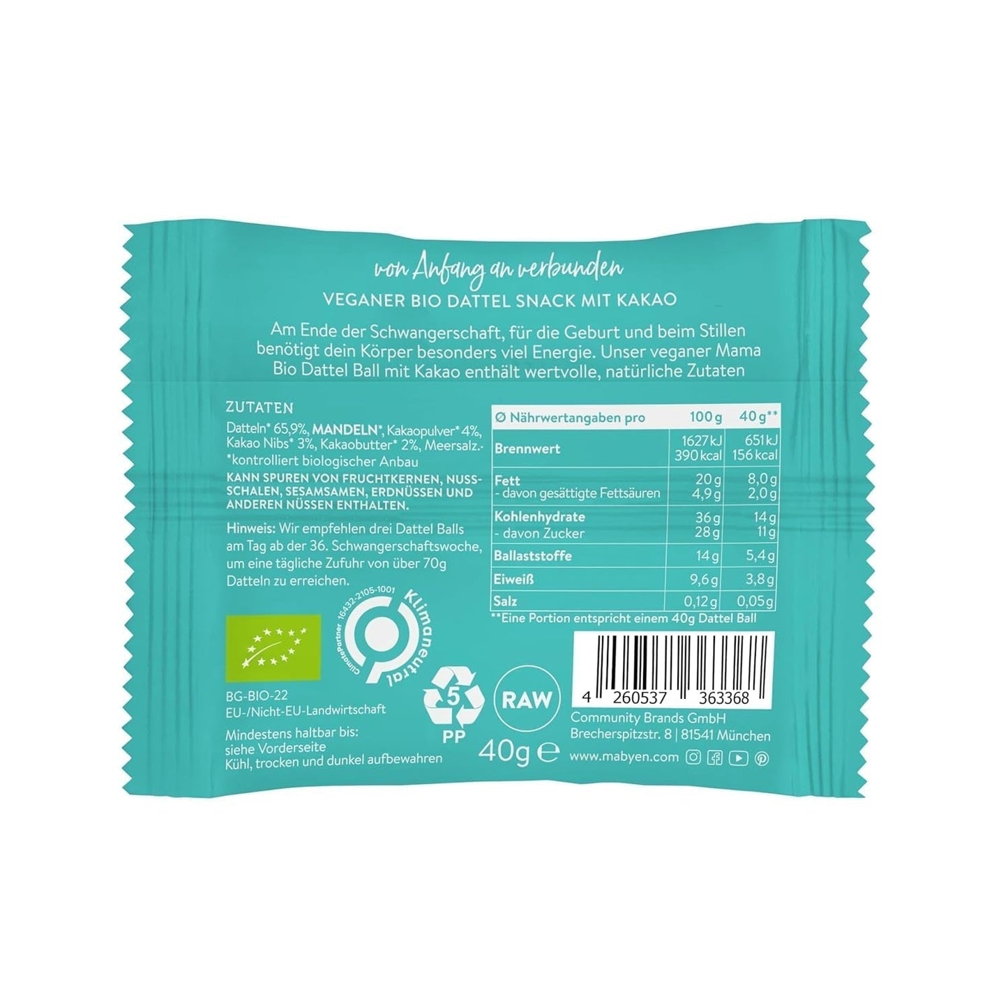 MABYEN Energy Balls Daktylowe Organiczne 20 szt. | Kulki Daktylowe - Zdrowe bezcukrowe przekąski dla kobiet w ciąży i karmiących piersią - Batonik proteinowy z suszonymi owocami - O smaku kakaowy Produkty suszone Naty Shop