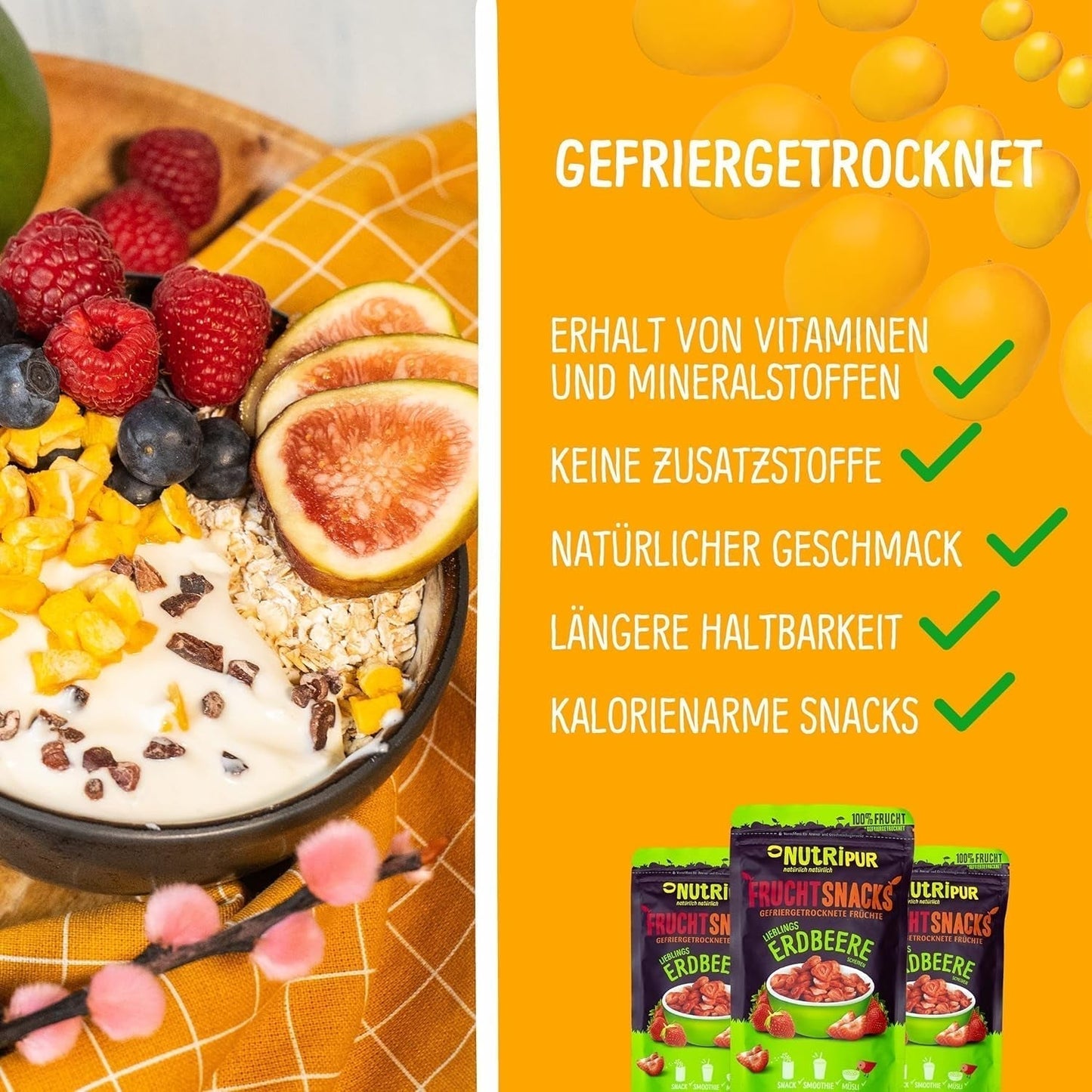 Mango liofilizowane: 100g owoców liofilizowanych z delikatnych kawałków mango bez dodatku cukru - mango suszone - mango suszone - owoce suszone - owoce suszone od NutriPur Produkty odwodnione Naty Shop