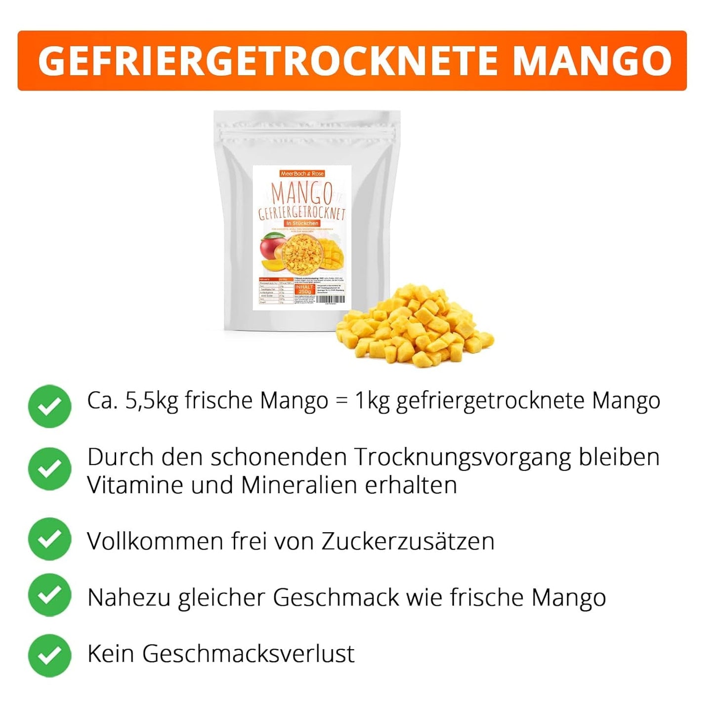 Mango liofilizowane, 250g owoców liofilizowanych, bez dodatków, owocowe, wyprodukowane w Niemczech Produkty suszone Naty Shop