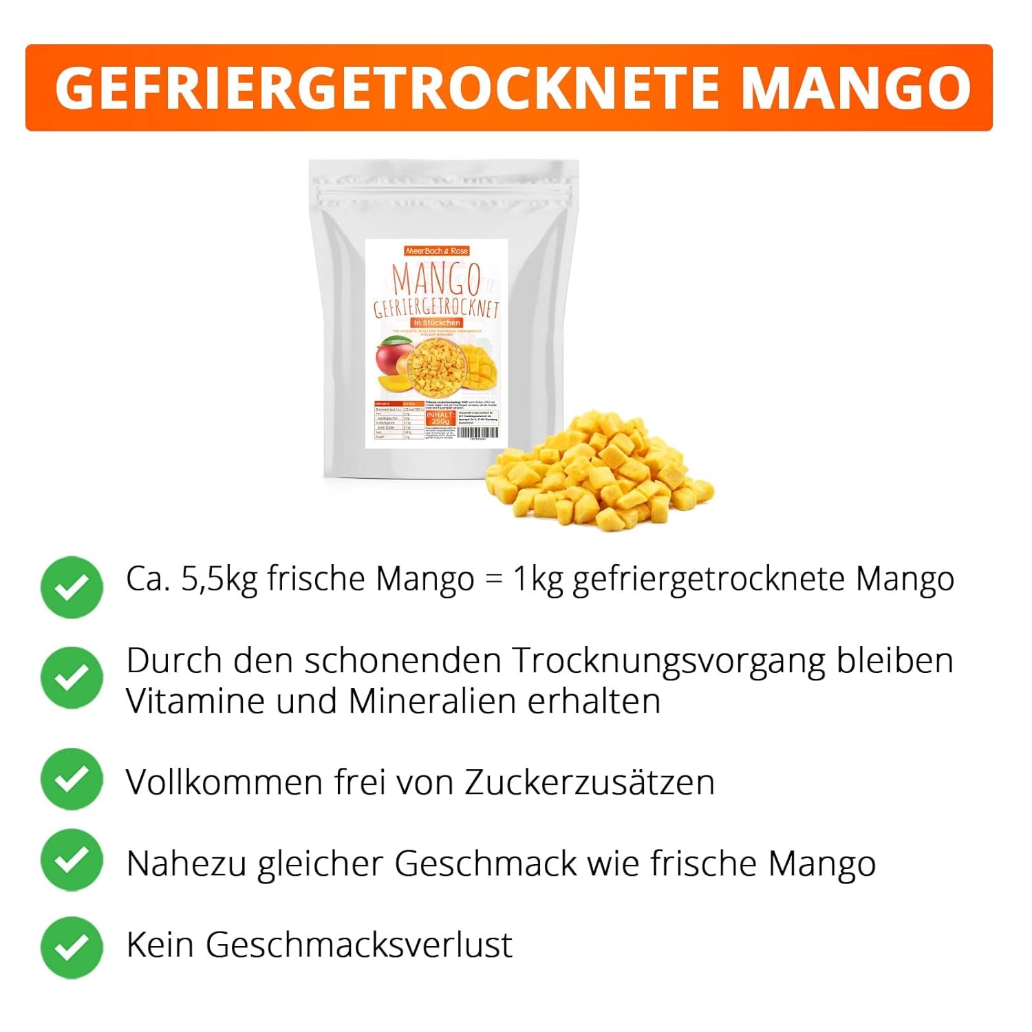 Mango liofilizowane, 250g owoców liofilizowanych, bez dodatków, owocowe, wyprodukowane w Niemczech Produkty suszone Naty Shop