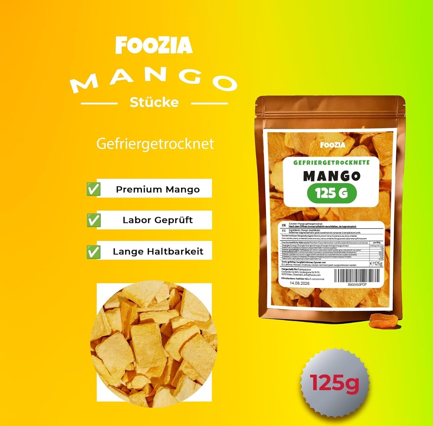 Mango liofilizowane duże kawałki Owoce liofilizowane Bez dodatków 100% czyste, naturalne mango Mango liofilizowane Owoce suszone Mango suszone 125g od Foozia (125g) Produkty suszone Naty Shop