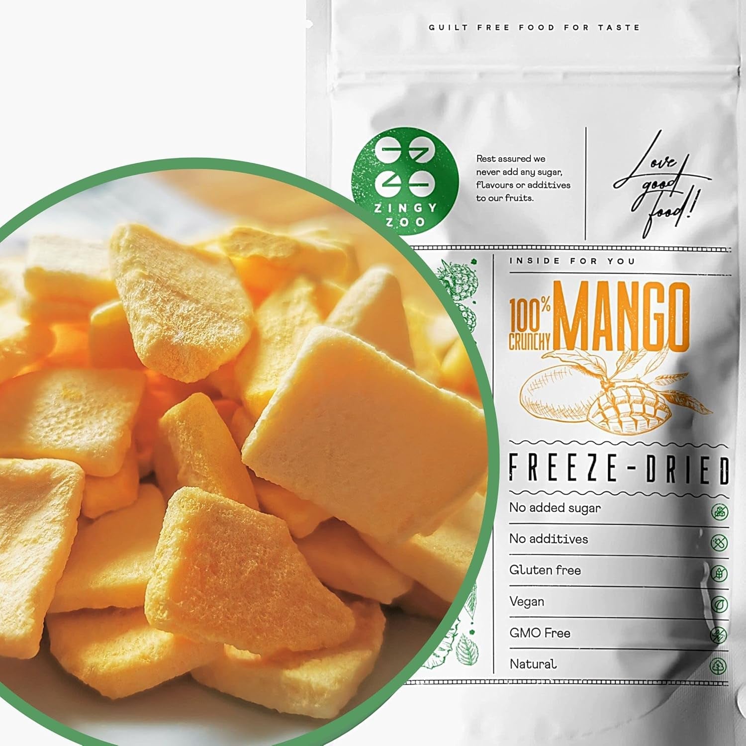 Mango liofilizowane | Bez dodatku cukru Mango liofilizowane | Mango liofilizowane Owoce mango Mango suszone | Suszone mango Suszone owoce bez dodatków | ZingyZoo Suszone Mango (100g) Naty Shop Produkty Suszone Kawałki 100G
