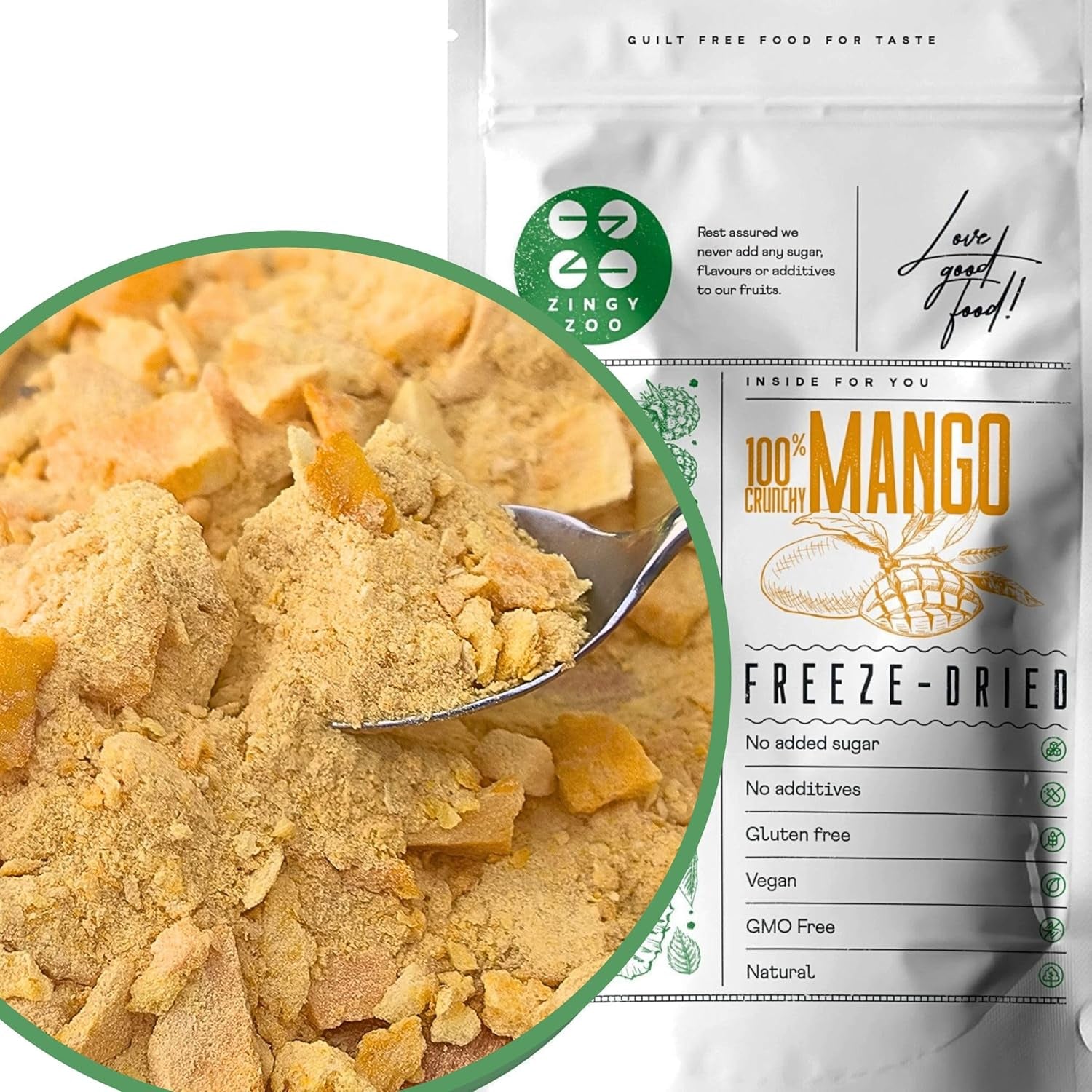 Mango liofilizowane | Bez dodatku cukru Mango liofilizowane | Mango liofilizowane Owoce mango Mango suszone | Suszone mango Suszone owoce bez dodatków | ZingyZoo Suszone Mango (100g) Produkty suszone Naty Shop Rozdrobnione kawałki 300G