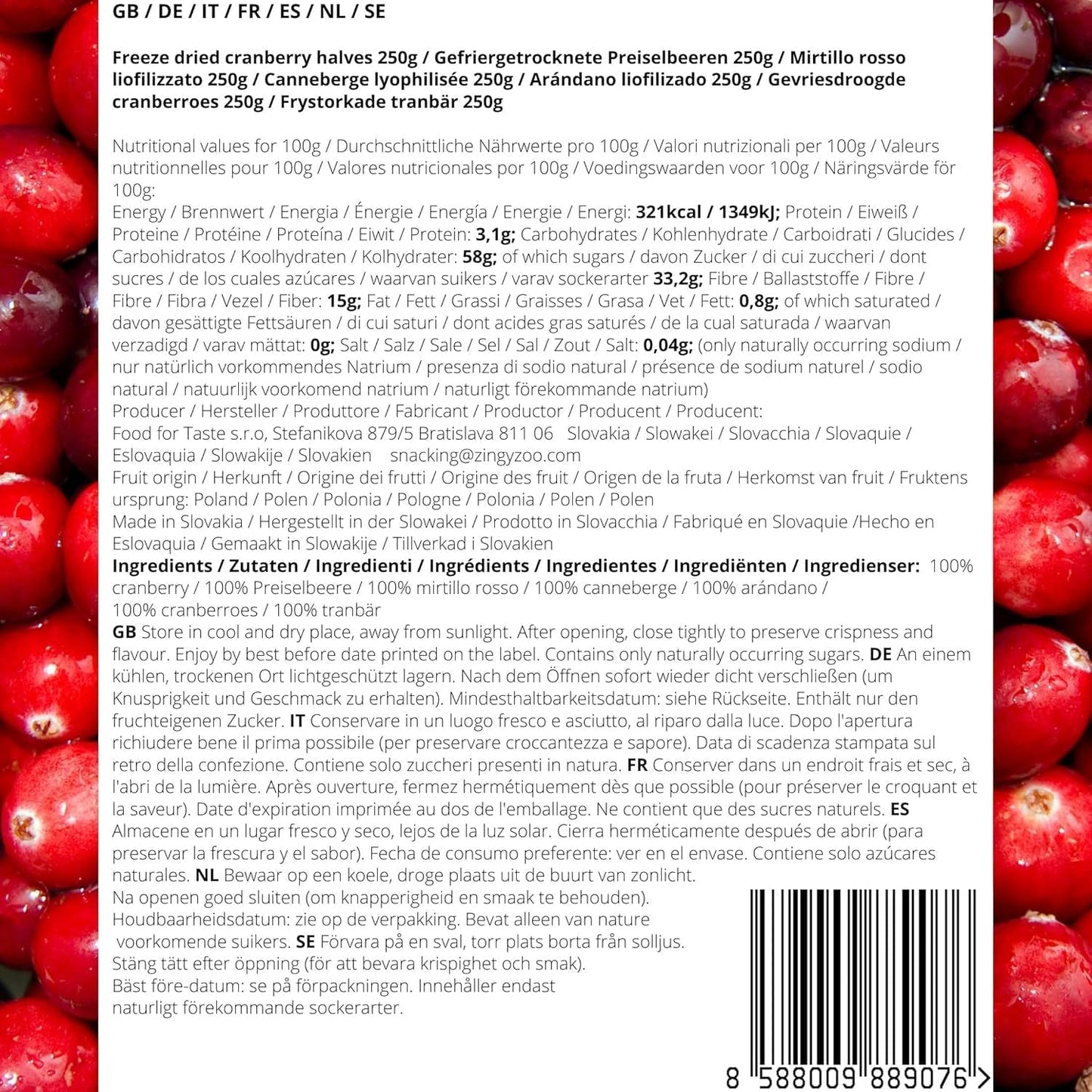 Żurawina liofilizowana bez cukru | XL 250g Żurawina liofilizowana naturalna niesłodzona | Liofilizowane naturalne dzikie owoce | Żurawina liofilizowana | ZingyZoo Produkty odwodnione Naty Shop