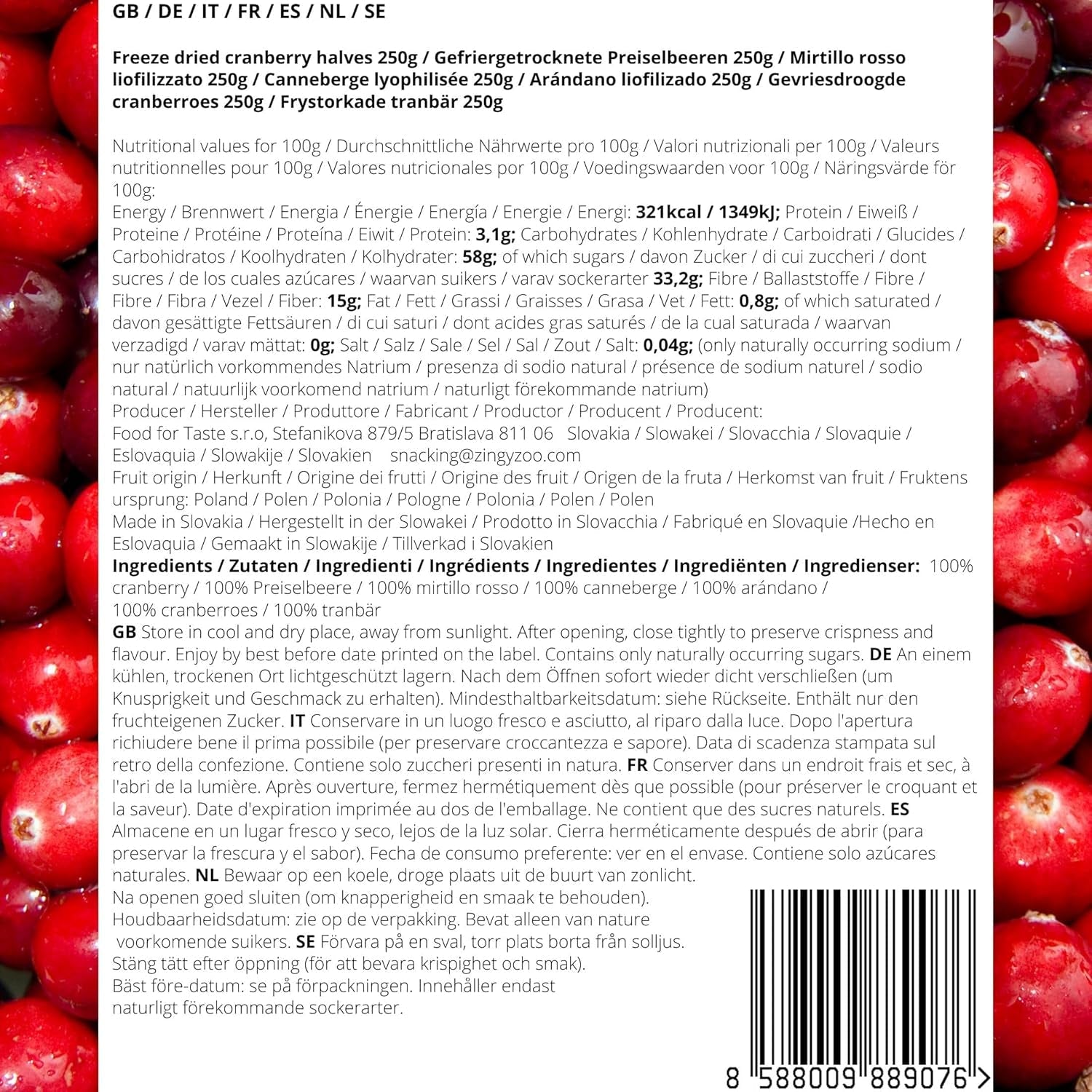 Żurawina liofilizowana bez cukru | XL 250g Żurawina liofilizowana naturalna niesłodzona | Liofilizowane naturalne dzikie owoce | Żurawina liofilizowana | ZingyZoo Produkty odwodnione Naty Shop