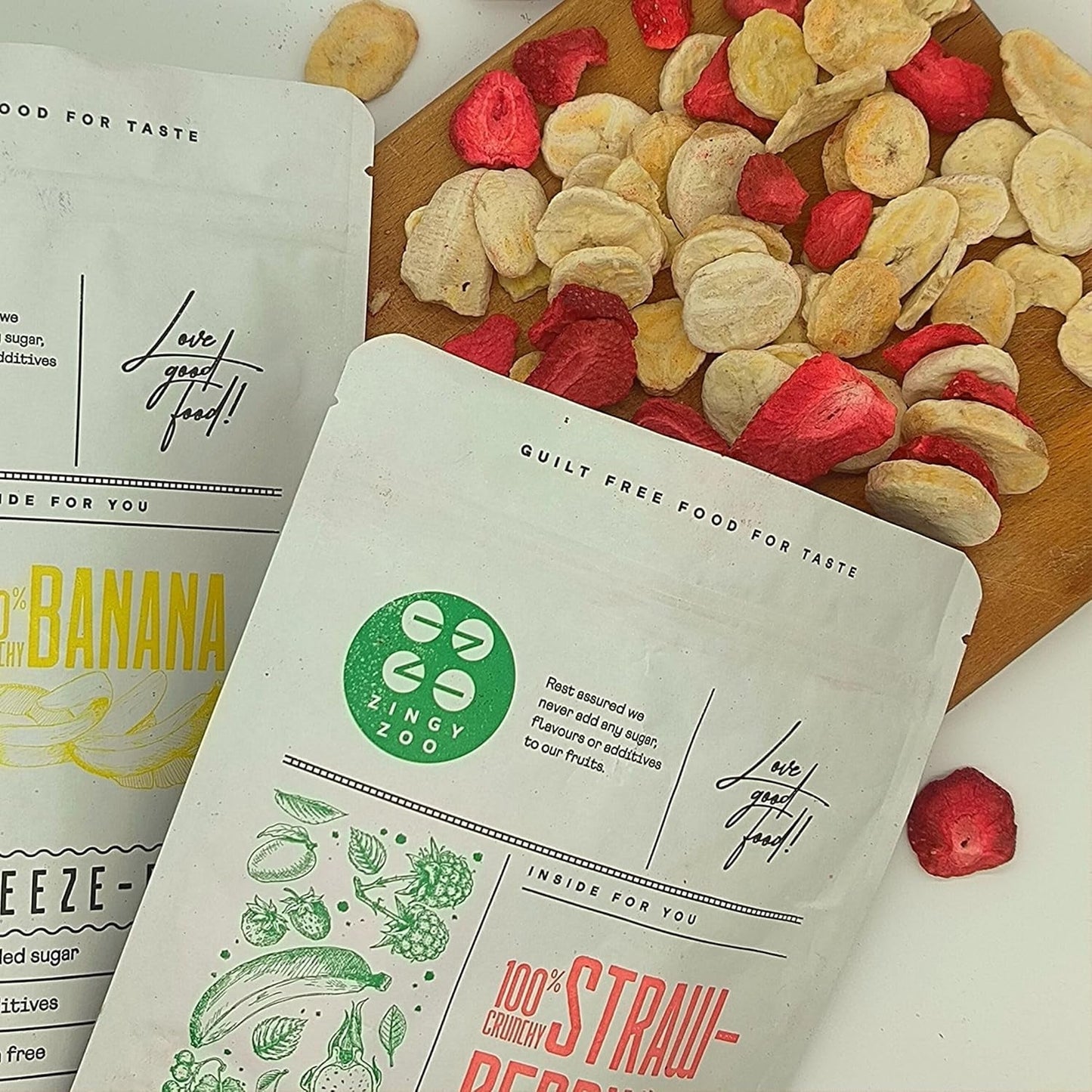 Mieszanka owoców liofilizowanych ErdBana XL 300g | Banany liofilizowane + truskawki liofilizowane Zestaw do degustacji owoców liofilizowanych | Mieszanka owoców liofilizowanych truskawkowo-bananowych | ZingyZoo Produkty odwodnione Naty Shop