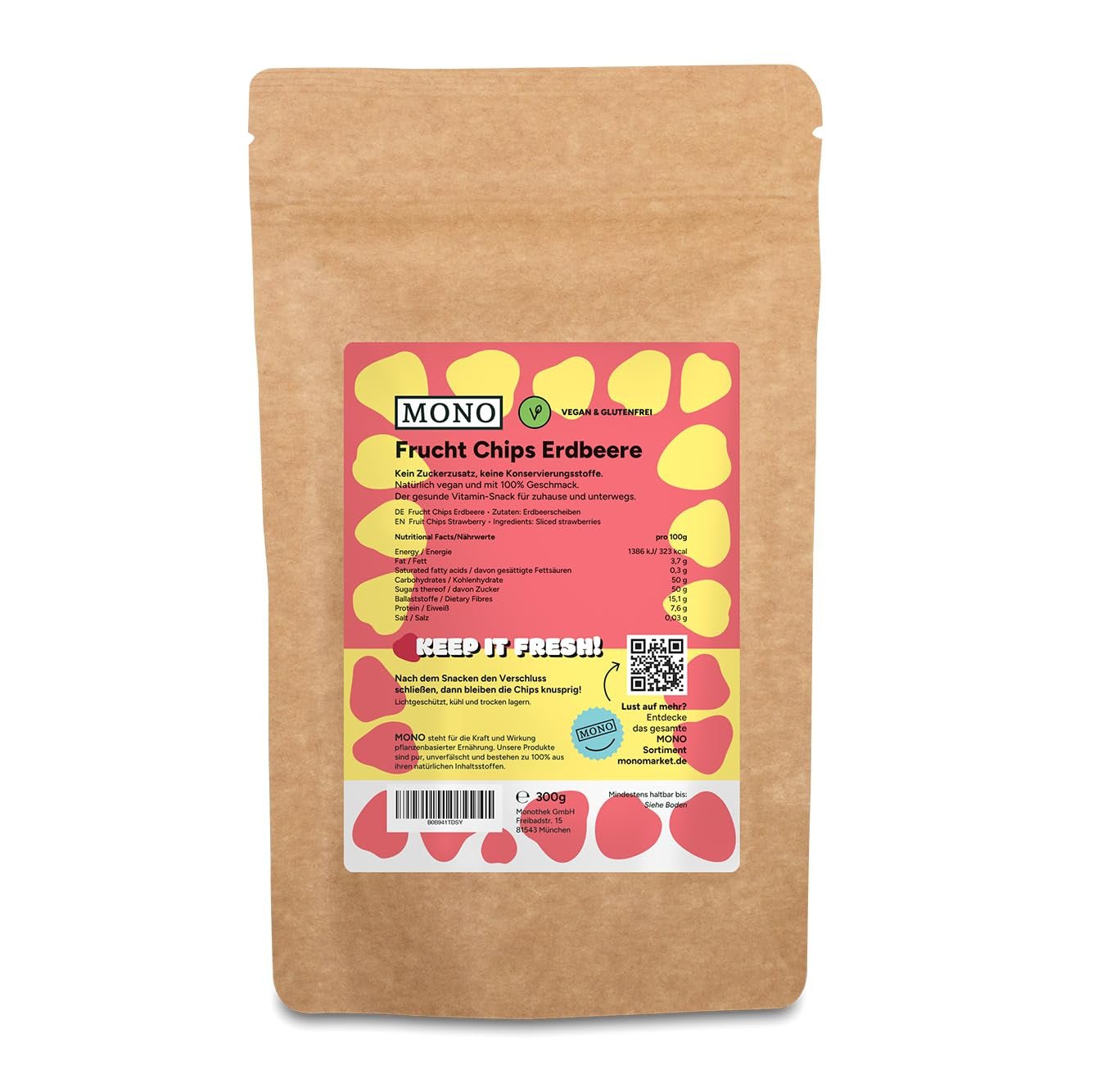 Chipsy liofilizowane mono - chipsy truskawkowe 300g ze 100% naturalnych truskawek - suszone owoce tropikalne - suszone owoce truskawek - przekąska do musli i deserów - chipsy truskawkowe Produkty suszone Naty Shop