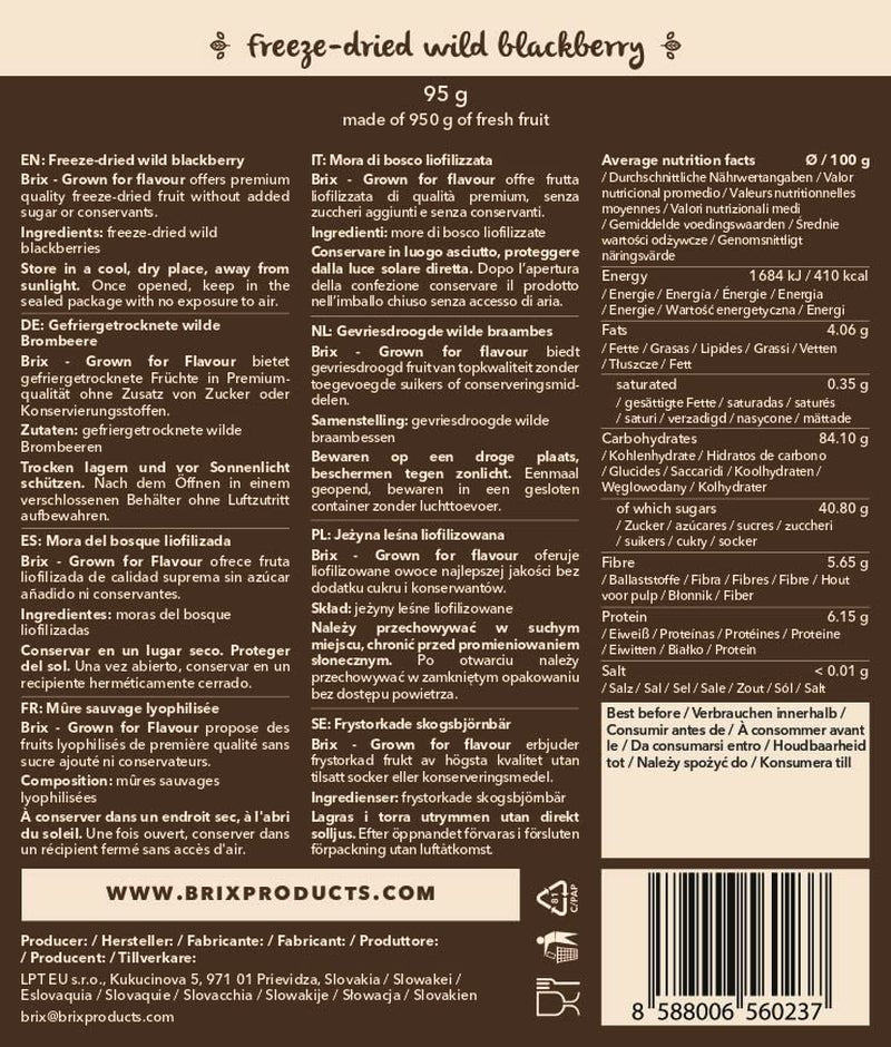 Dzikie jeżyny BRIX | Naturalne dzikie jeżyny, suszone 95 g | Nagroda Great Taste dla suszonych jagód | Bez GMO, bezglutenowe, wegańskie, z witaminami Naty Shop Produkty suszone