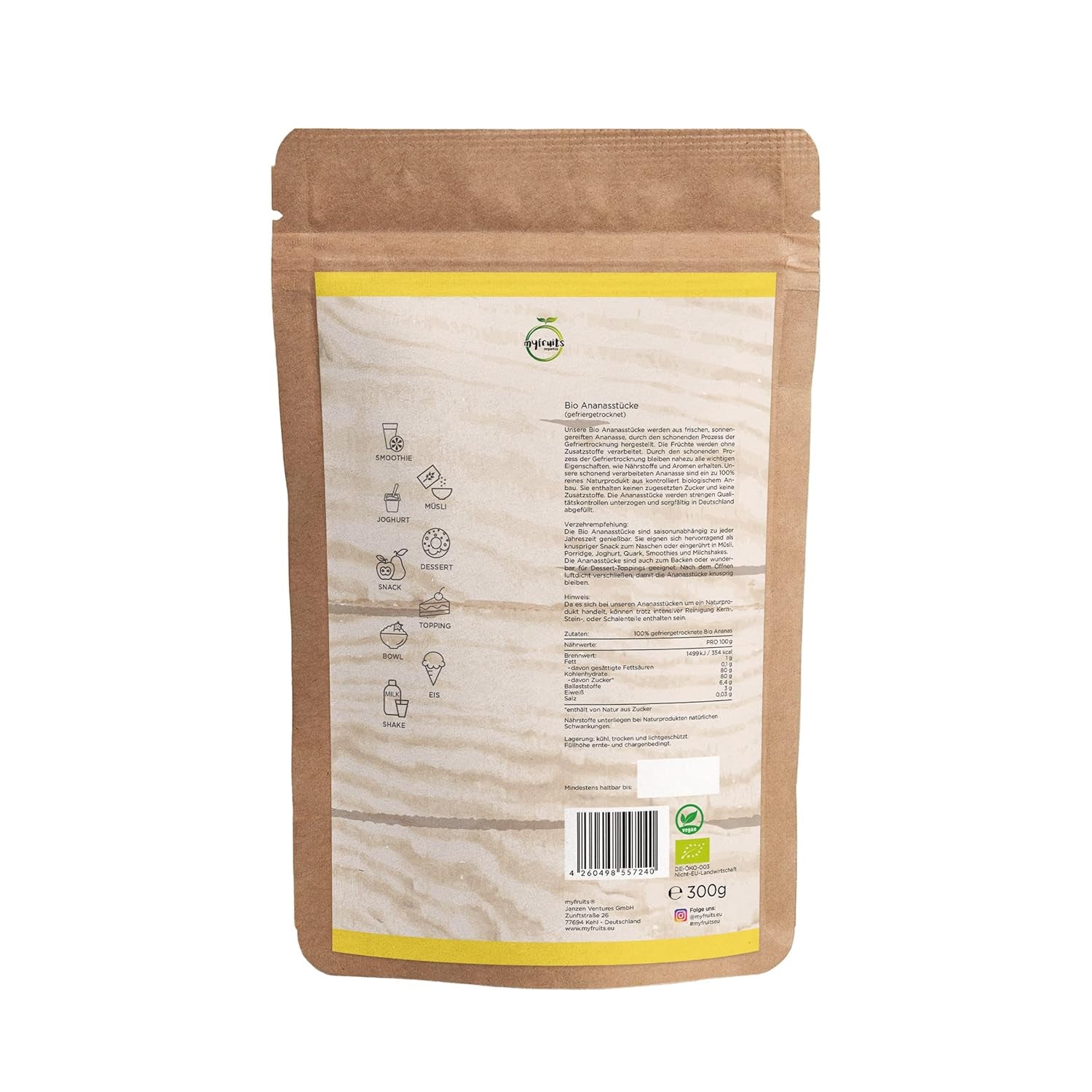 myfruits organiczny ananas liofilizowany, 300g, suszone owoce bez dodatków, 100% ananas w dużych kawałkach, owoce liofilizowane do musli lub jako przekąska Produkty suszone Naty Shop