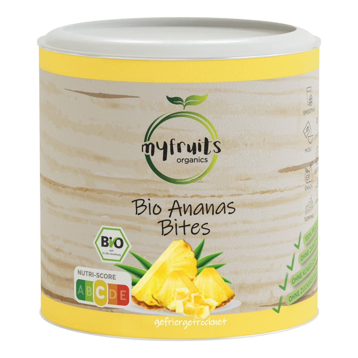 myfruits organiczny ananas liofilizowany, 300g, suszone owoce bez dodatków, 100% ananas w dużych kawałkach, owoce liofilizowane do musli lub jako przekąska Produkty suszone Naty Shop 85 Gram