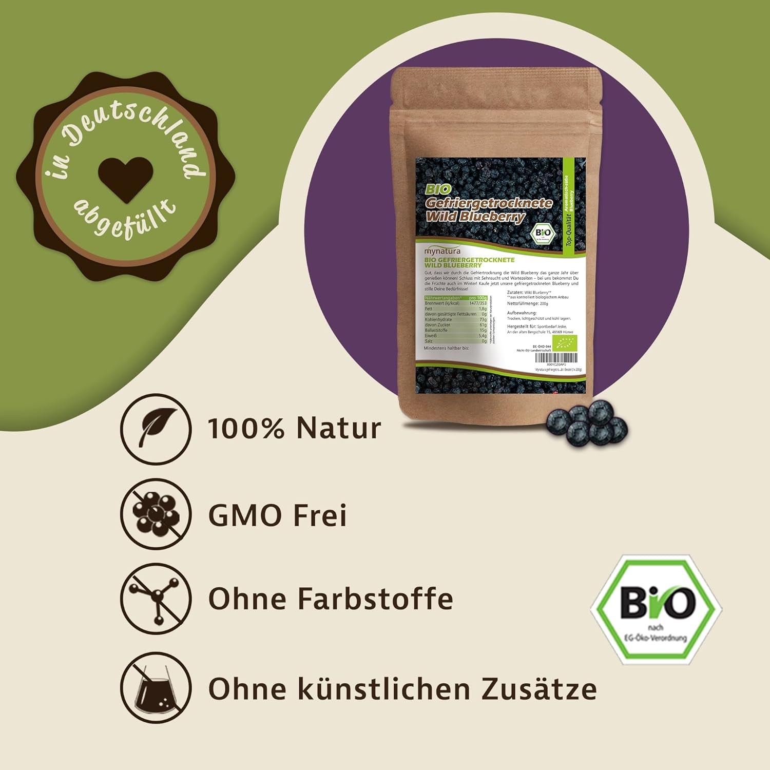 Mynatura organiczne borówki liofilizowane I Borówki I Owoce I Jagody I Produkt naturalny I Jakość organiczna I Torba (1x 200g) Produkty suszone Naty Shop