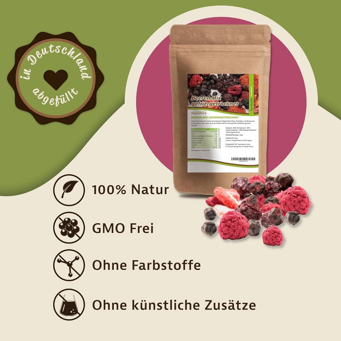Mynatura Kolorowa mieszanka jagód liofilizowanych I Mieszanka owocowa I Maliny I Czarna porzeczka I Truskawki I Przekąski owocowe I Wegańskie I 350g Produkty suszone Naty Shop