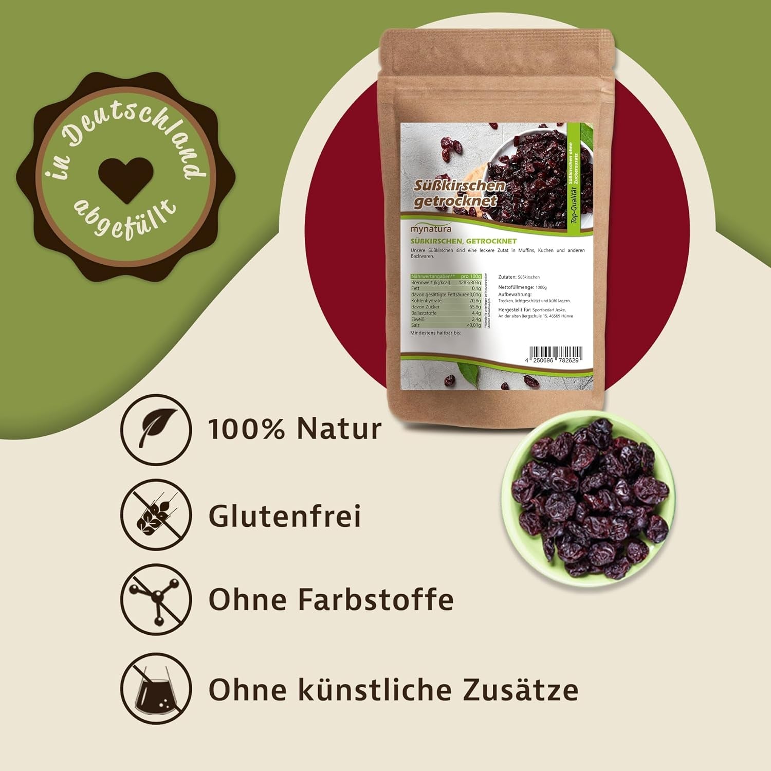 Mynatura słodkie wiśnie suszone bez pestek I Niesłodzone I Owoce suszone I Bez dodatków I Pieczenie I Wiśnie I Przekąska I Muesli I Wegańskie I Torba (1x 1000g) Produkty suszone Naty Shop