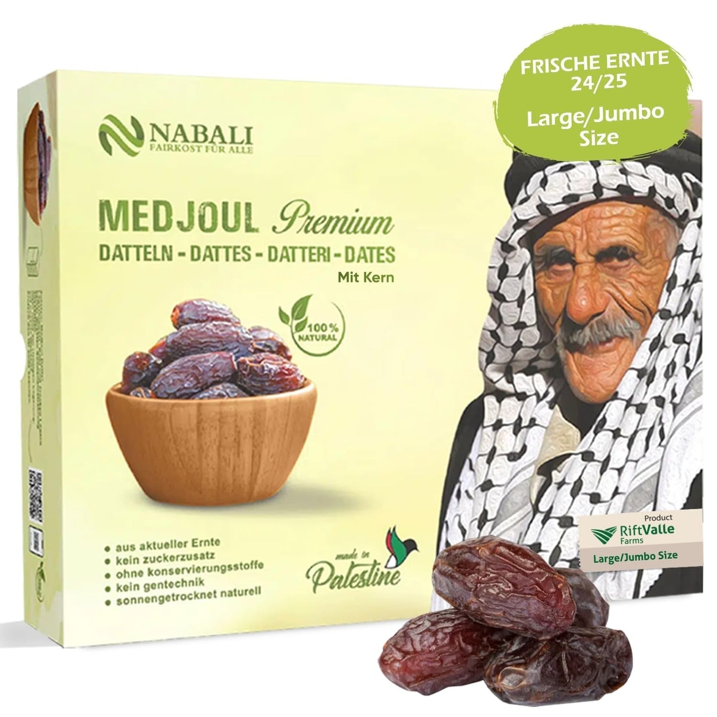 NABALI FAIRKOST FOR ALL Daktyle Medjool Medjoul z Palestyny - 100% naturalne wegańskie aromatyczne tradycyjne świeże i orientalne I bez konserwantów 5 kg (1 opakowanie), Małe/Średnie Produkty suszone Naty Shop 5 kg (1 opakowanie), Duże/Jumbo