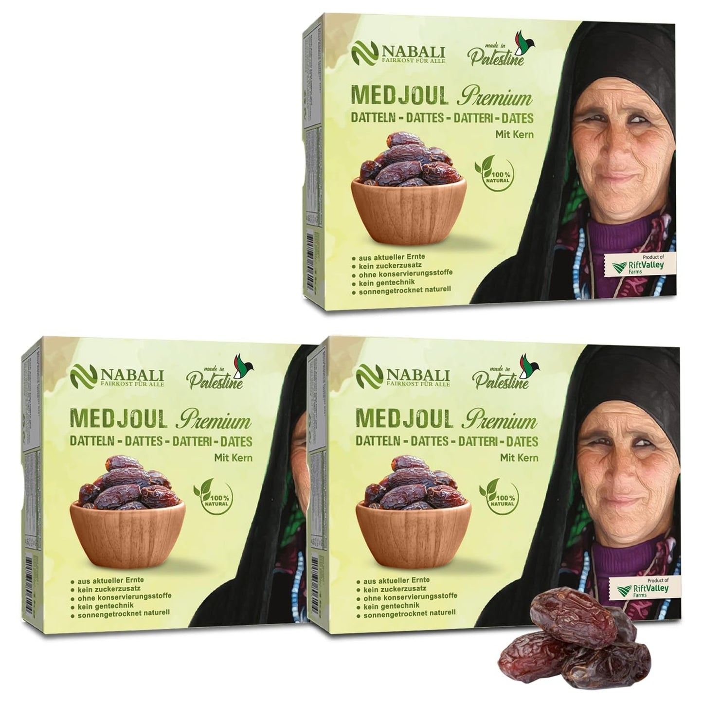 NABALI FAIRKOST FOR ALL Daktyle Medjool Medjoul z Palestyny - 100% naturalne wegańskie aromatyczne tradycyjne świeże i orientalne I bez konserwantów 5 kg (1 opakowanie), Małe/Średnie Naty Shop produkty suszone 1kg (3 opakowania) Duże/Jumbo