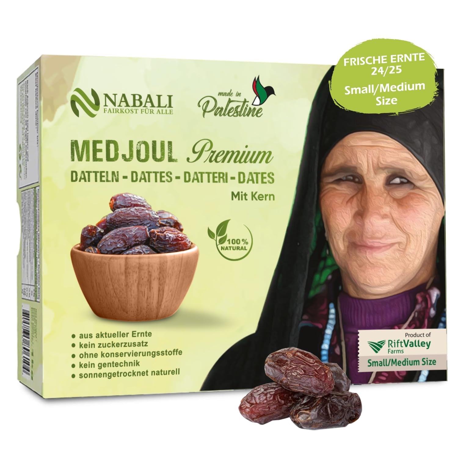 NABALI FAIRKOST FOR ALL Daktyle Medjool Medjoul z Palestyny - 100% naturalne wegańskie aromatyczne tradycyjne świeże i orientalne I bez konserwantów 5 kg (1 opakowanie), Małe/Średnie Produkty suszone Naty Shop 1 kg (1 opakowanie), Małe/Średnie