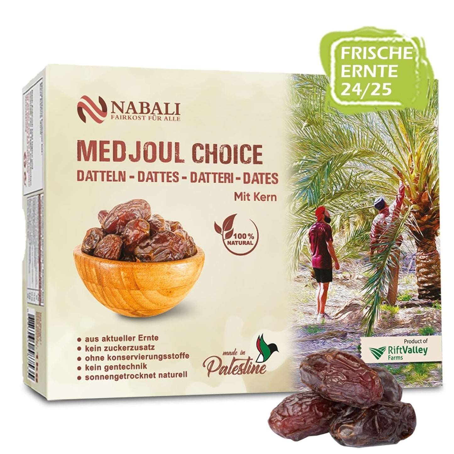 NABALI FAIRKOST FOR ALL Medjoul - Medjool Dates Choice I - 100% naturalny aromatyczny świeży orientalny miękki I słodki jak miód i karmelizowany I Pochodzenie: Palestyna I (1x1KG) Produkty suszone Naty Shop 1 kg (1 opakowanie)