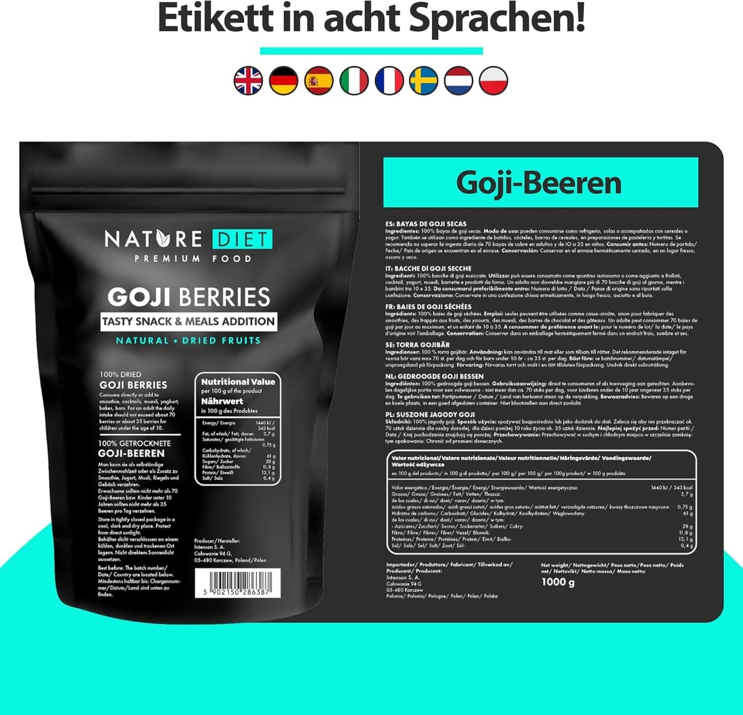 Nature Diet - Jagody Goji 1000 g | Suszone jagody | Zdrowa przekąska Naty Sklep z produktami suszonymi