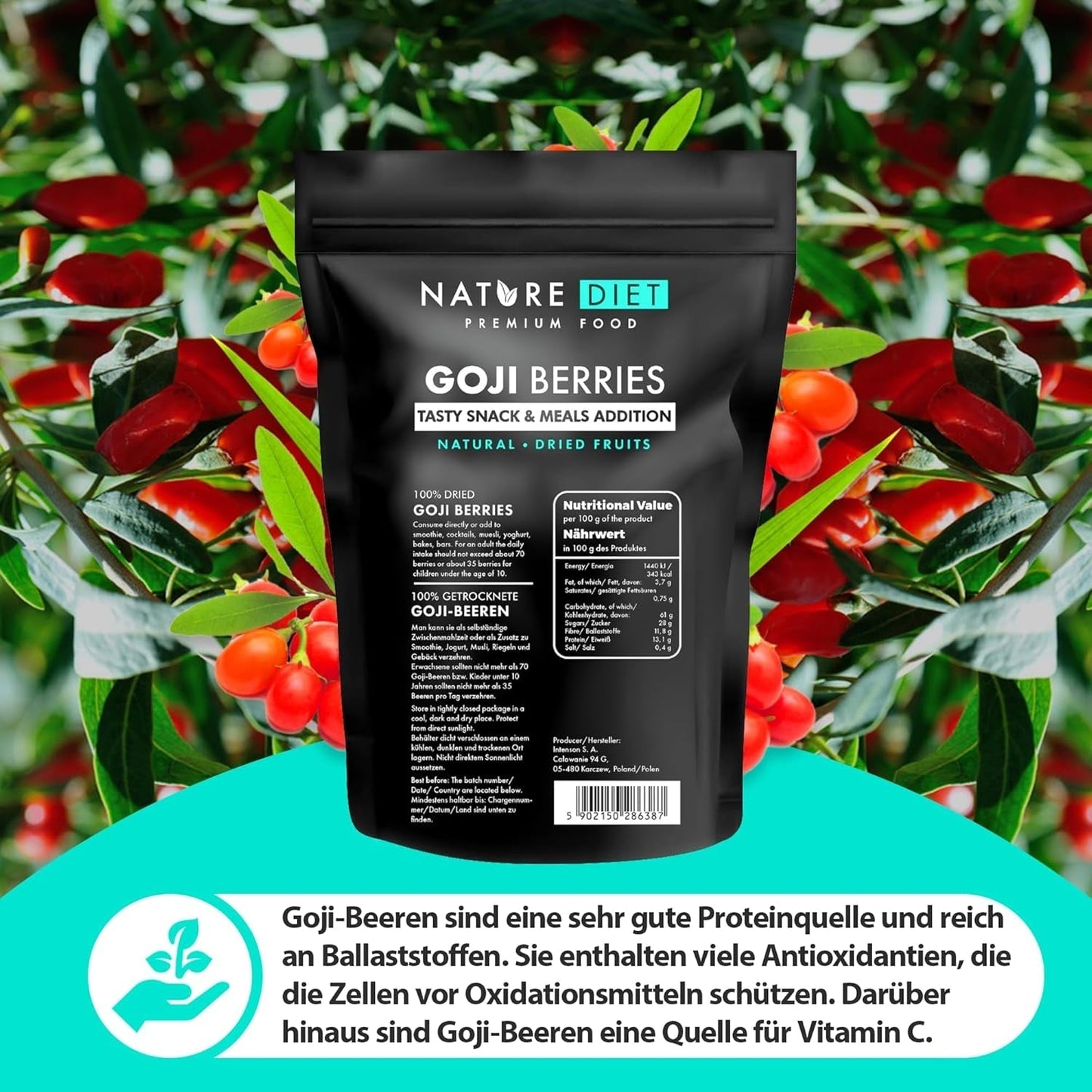 Nature Diet - Jagody Goji 1000 g | Suszone jagody | Zdrowa przekąska Naty Sklep z produktami suszonymi
