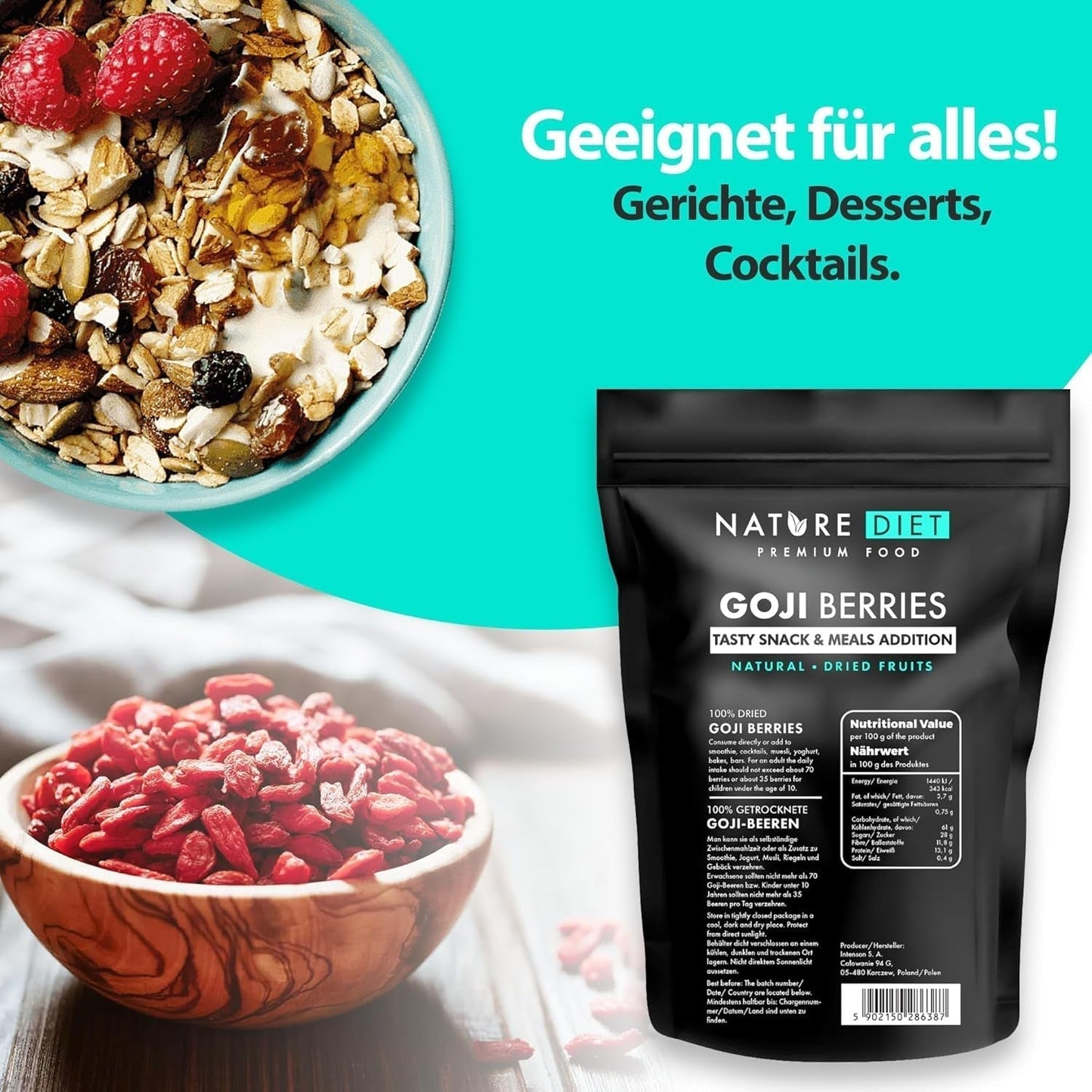 Nature Diet - Jagody Goji 1000 g | Suszone jagody | Zdrowa przekąska Naty Sklep z produktami suszonymi