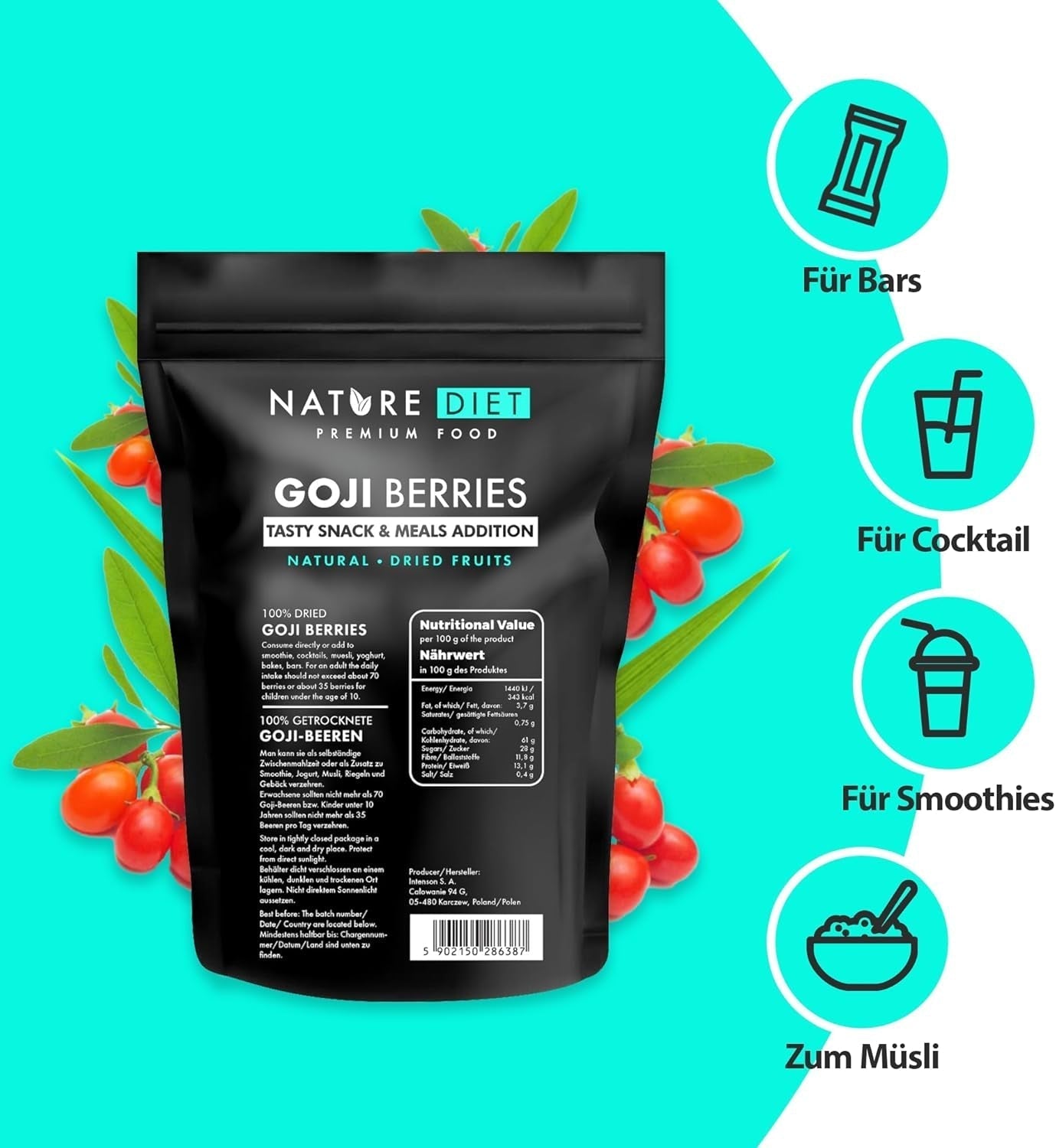 Nature Diet - Jagody Goji 1000 g | Suszone jagody | Zdrowa przekąska Naty Sklep z produktami suszonymi
