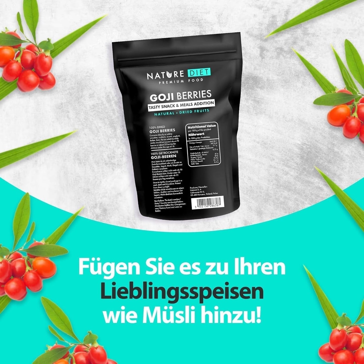Nature Diet - Jagody Goji 1000 g | Suszone jagody | Zdrowa przekąska Naty Sklep z produktami suszonymi