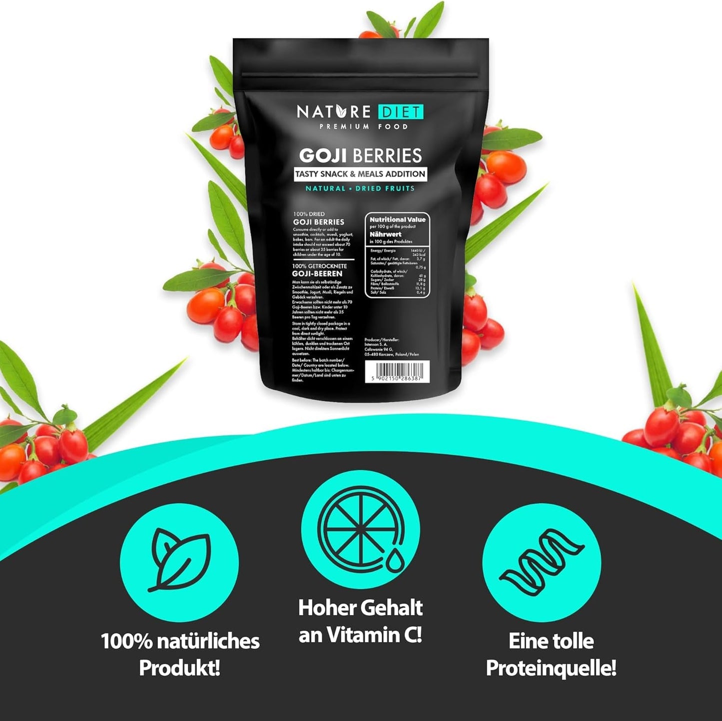 Nature Diet - Jagody Goji 1000 g | Suszone jagody | Zdrowa przekąska Naty Sklep z produktami suszonymi