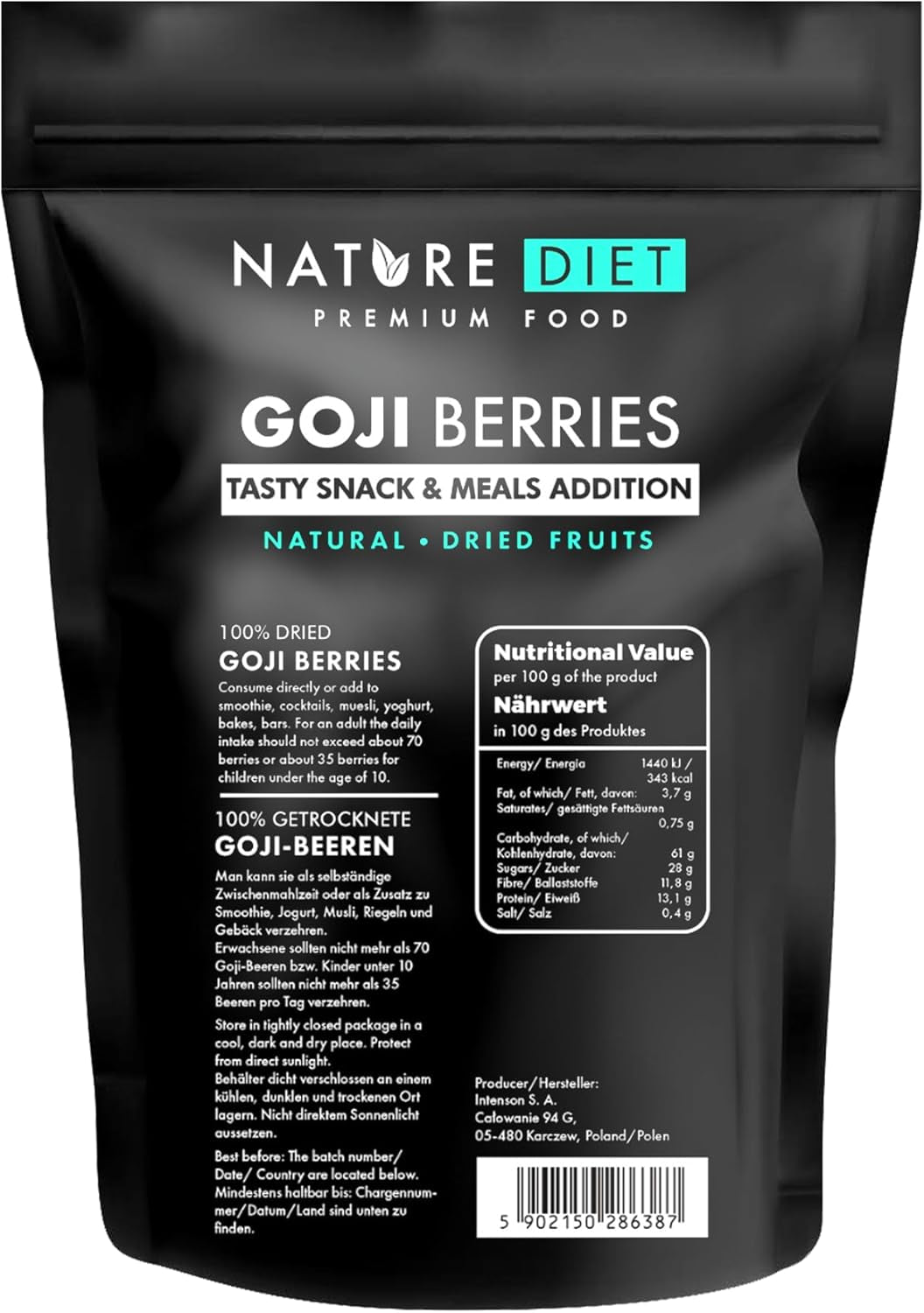 Nature Diet - Jagody Goji 1000 g | Suszone jagody | Zdrowa przekąska Produkty suszone Naty Shop 1 kg (1 opakowanie)