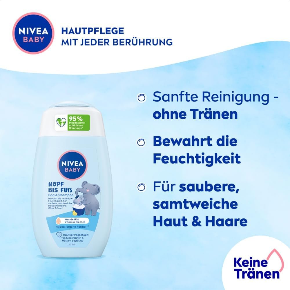 NIVEA BABY szampon i kąpiel od stóp do głów, delikatny wegański szampon do dziecięcej skóry i włosów z olejkiem migdałowym, relaksujący żel pod prysznic o hipoalergicznej formule bez parabenów i mikroplastików (200 ml) Dzieci - Kąpiel i pielęgnacja Naty Shop
