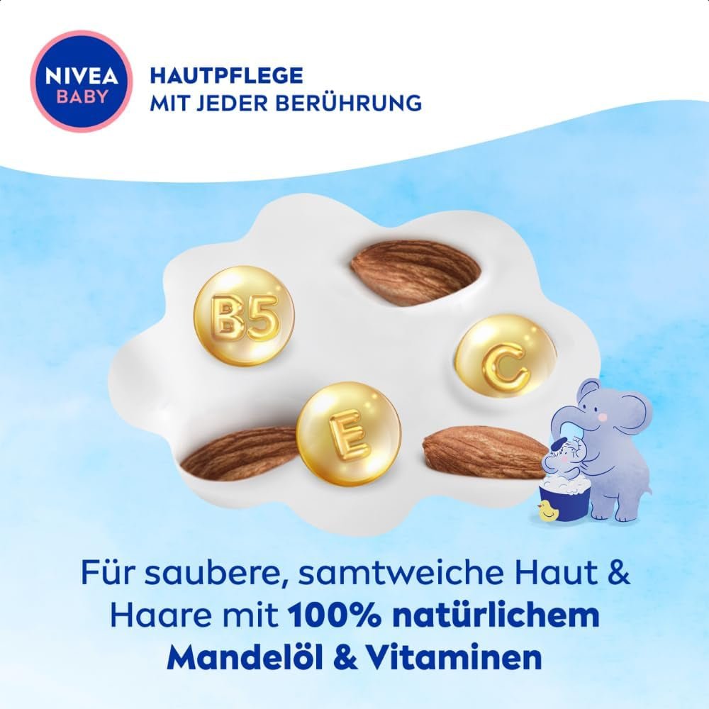 NIVEA BABY szampon i kąpiel od stóp do głów, delikatny wegański szampon do dziecięcej skóry i włosów z olejkiem migdałowym, relaksujący żel pod prysznic o hipoalergicznej formule bez parabenów i mikroplastików (200 ml) Dzieci - Kąpiel i pielęgnacja Naty Shop