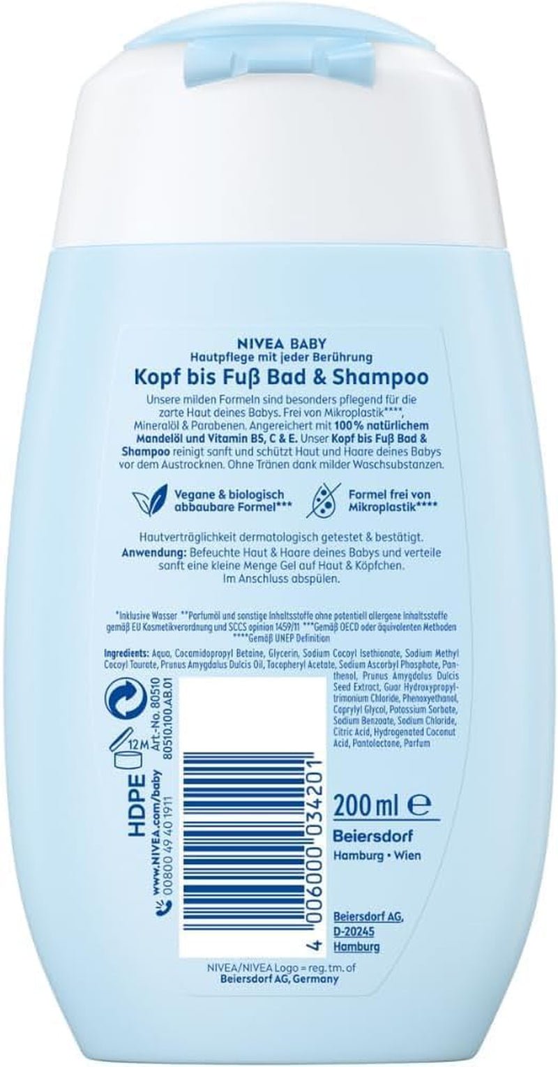NIVEA BABY szampon i kąpiel od stóp do głów, delikatny wegański szampon do dziecięcej skóry i włosów z olejkiem migdałowym, relaksujący żel pod prysznic o hipoalergicznej formule bez parabenów i mikroplastików (200 ml) Dzieci - Kąpiel i pielęgnacja Naty Shop