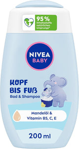 NIVEA BABY szampon i kąpiel od stóp do głów, delikatny wegański szampon do dziecięcej skóry i włosów z olejkiem migdałowym, relaksujący żel pod prysznic o hipoalergicznej formule bez parabenów i mikroplastików (200 ml) Dzieci - Kąpiel i pielęgnacja Naty Shop Domyślny tytuł