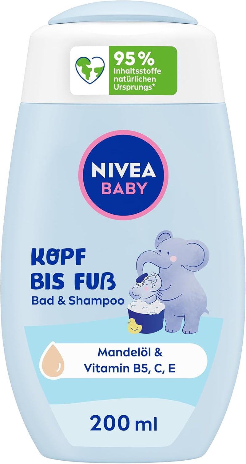NIVEA BABY szampon i kąpiel od stóp do głów, delikatny wegański szampon do dziecięcej skóry i włosów z olejkiem migdałowym, relaksujący żel pod prysznic o hipoalergicznej formule bez parabenów i mikroplastików (200 ml) Dzieci - Kąpiel i pielęgnacja Naty Shop Domyślny tytuł