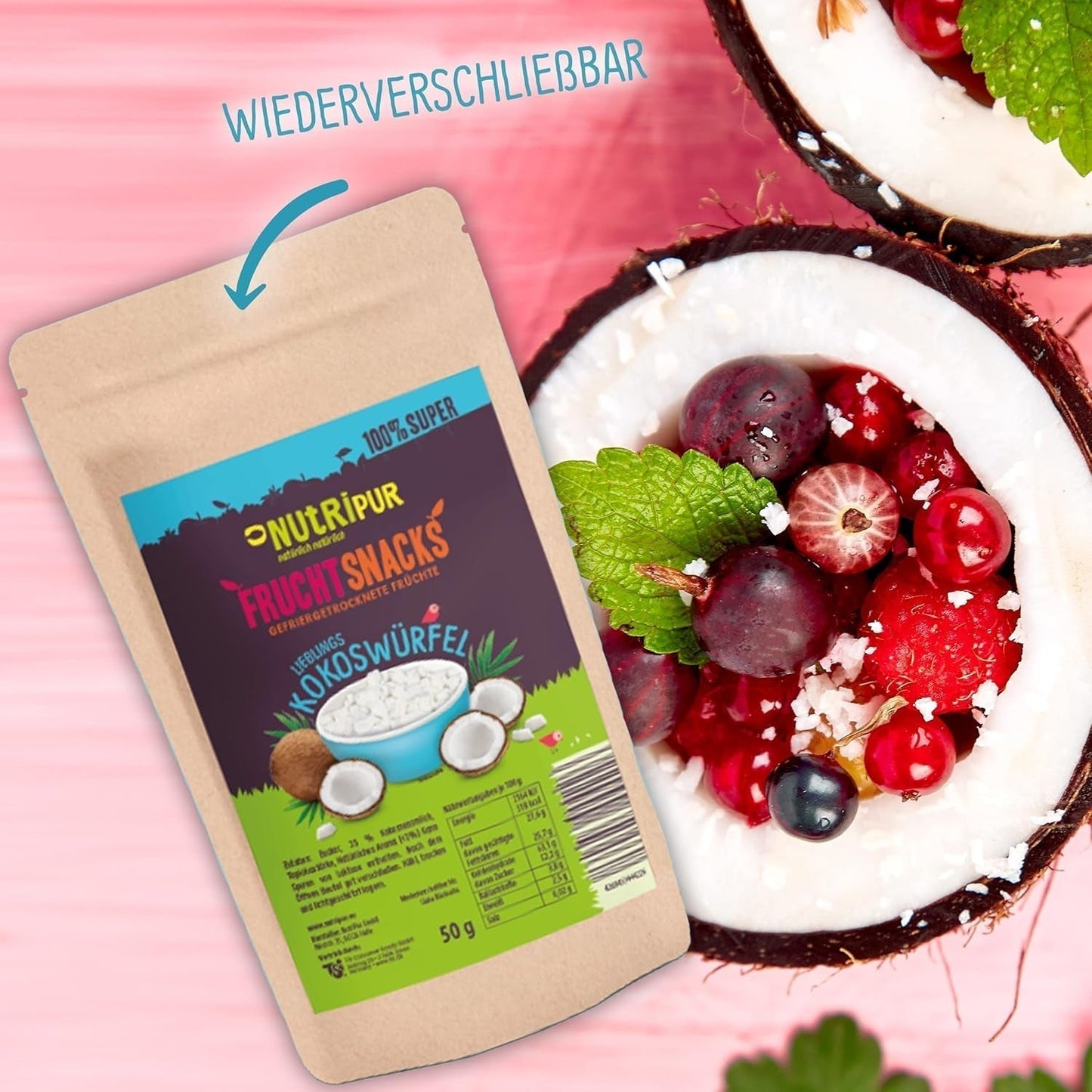 Kokos liofilizowany: 50g owoców liofilizowanych - słodycze wegańskie słodzone kostki kokosowe - naturalnie suszone owoce od NutriPur Produkty odwodnione Naty Shop