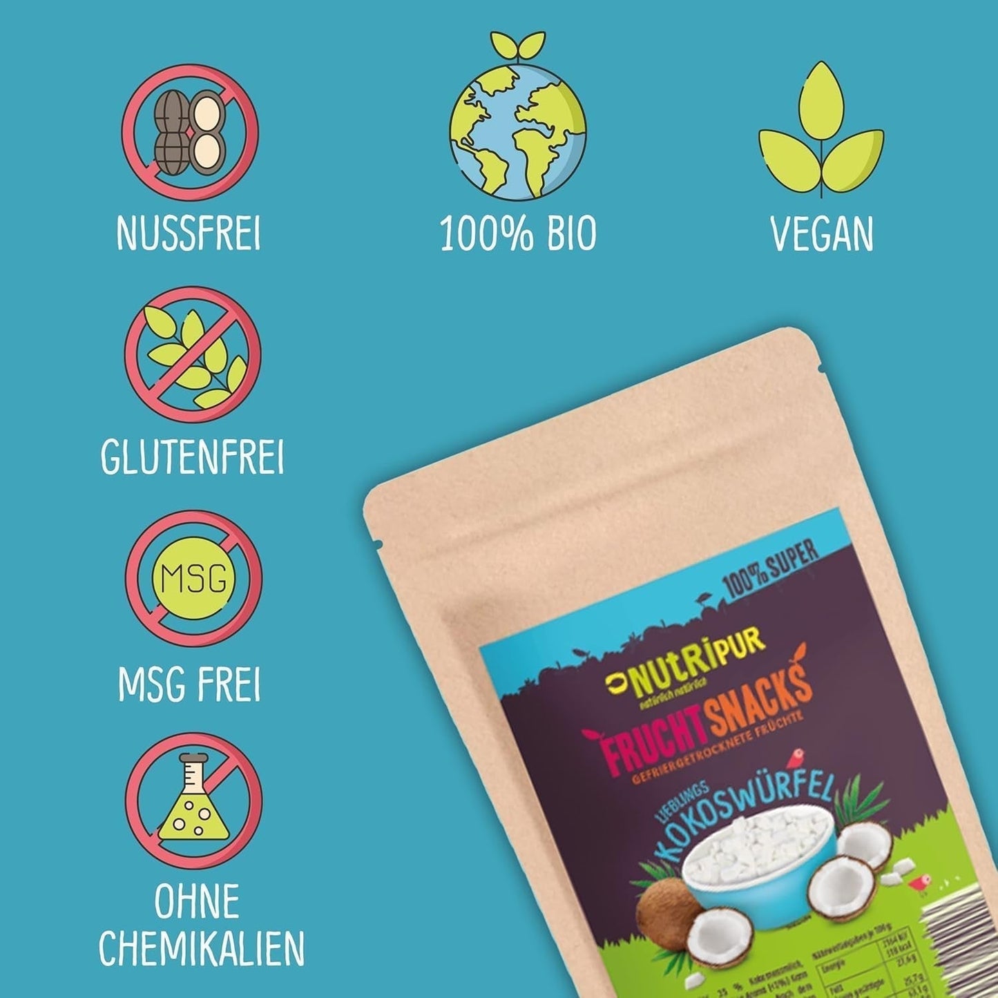 Kokos liofilizowany: 50g owoców liofilizowanych - słodycze wegańskie słodzone kostki kokosowe - naturalnie suszone owoce od NutriPur Produkty odwodnione Naty Shop