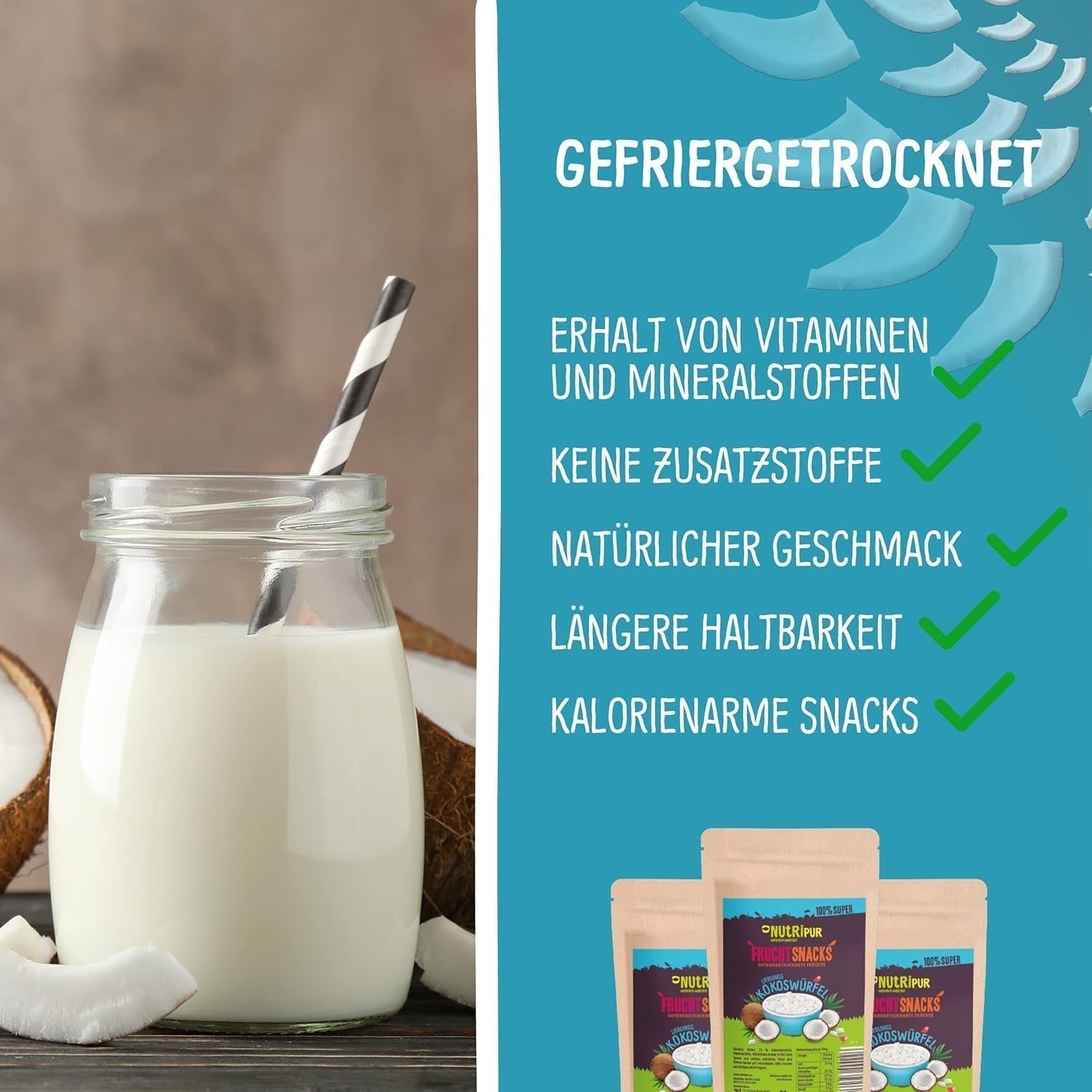 Kokos liofilizowany: 50g owoców liofilizowanych - słodycze wegańskie słodzone kostki kokosowe - naturalnie suszone owoce od NutriPur Produkty odwodnione Naty Shop