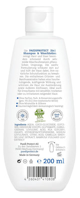 PAEDIPROTECT 2w1 szampon i płyn do mycia dla niemowląt i dzieci 200 ml, delikatne oczyszczanie i włosy bez perfum i mikroplastików, żel pod prysznic nawilża suchą i wrażliwą skórę, również dla dorosłych Dzieci - Kąpiel i pielęgnacja Naty Shop