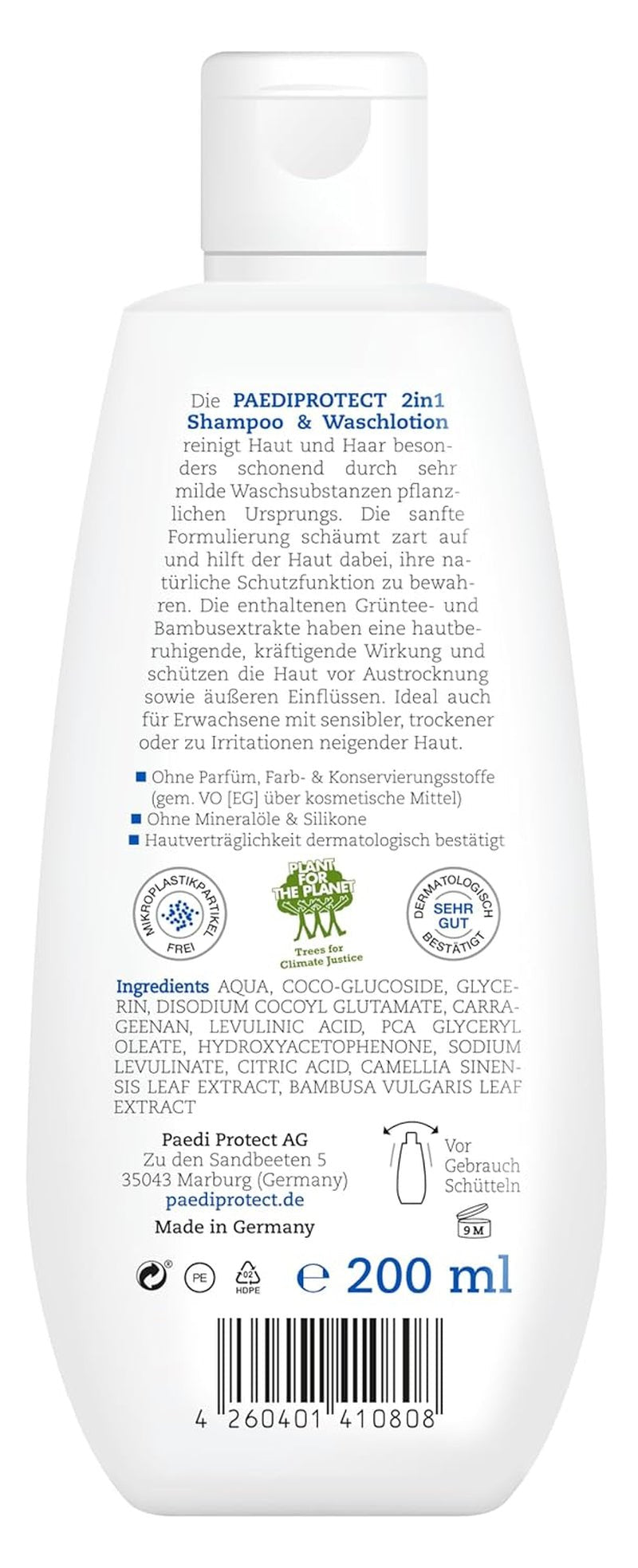 PAEDIPROTECT 2w1 szampon i płyn do mycia dla niemowląt i dzieci 200 ml, delikatne oczyszczanie i włosy bez perfum i mikroplastików, żel pod prysznic nawilża suchą i wrażliwą skórę, również dla dorosłych Dzieci - Kąpiel i pielęgnacja Naty Shop
