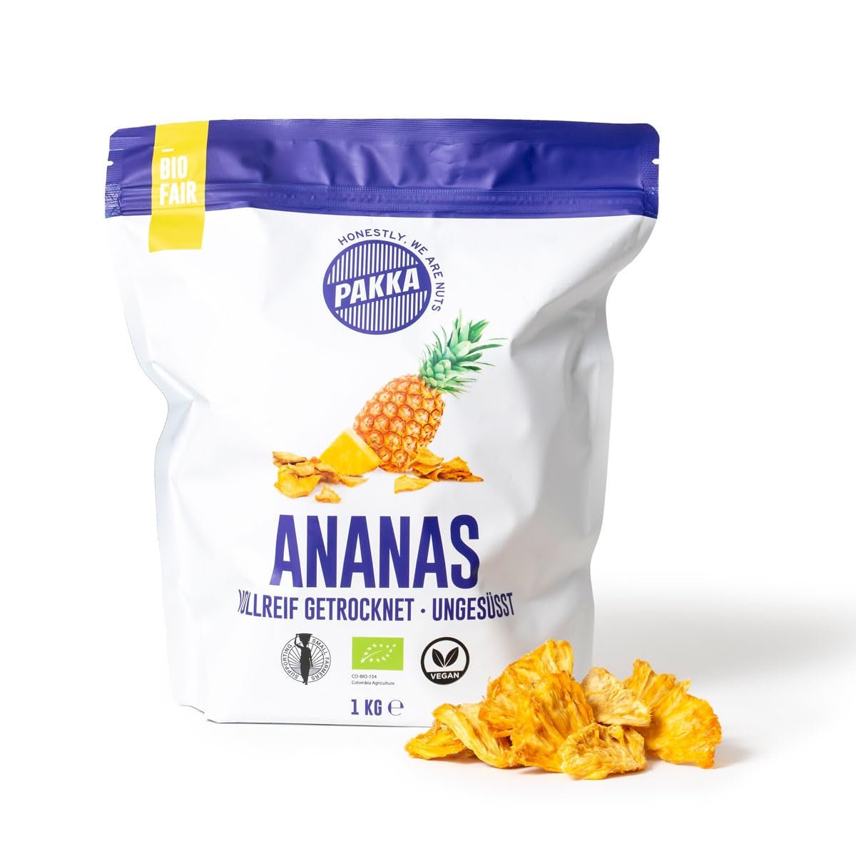 PAKKA organiczne kawałki ananasa i Fair Trade 1kg, ananas suszony ekologicznie i Fair Trade, niesłodzony, niesiarkowany, wyprodukowany i napełniony bezpośrednio przez producenta w Kolumbii, wegański 1000g Produkty suszone Naty Shop Wariant 2: 1 kg (1 opakowanie)