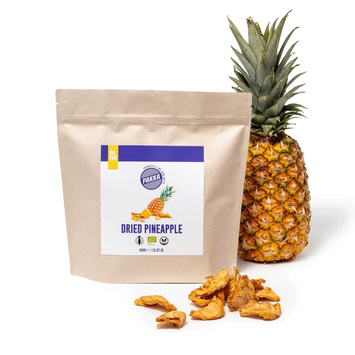 PAKKA organiczne kawałki ananasa i Fair Trade 1kg, ananas suszony ekologicznie i Fair Trade, niesłodzony, niesiarkowany, wyprodukowany i napełniony bezpośrednio przez producenta w Kolumbii, wegański 1000g Produkty suszone Naty Shop Wariant 1: 450 G (1 opakowanie)
