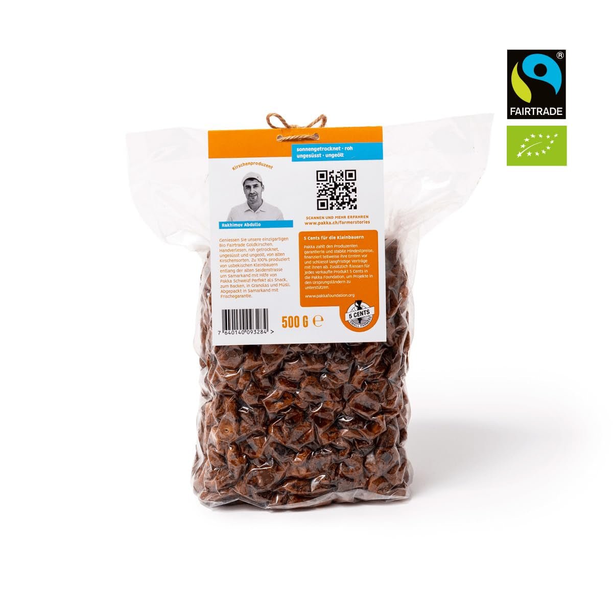 PAKKA - Organiczne suszone na słońcu złote wiśnie Fairtrade 500g, dziko zbierane żółte wiśnie, bez pestek, niesłodzone, bezpośrednio od drobnych rolników w Samarkandzie, Uzbekistan, wegańskie, 500g (1 opakowanie) Naty Shop Produkty suszone