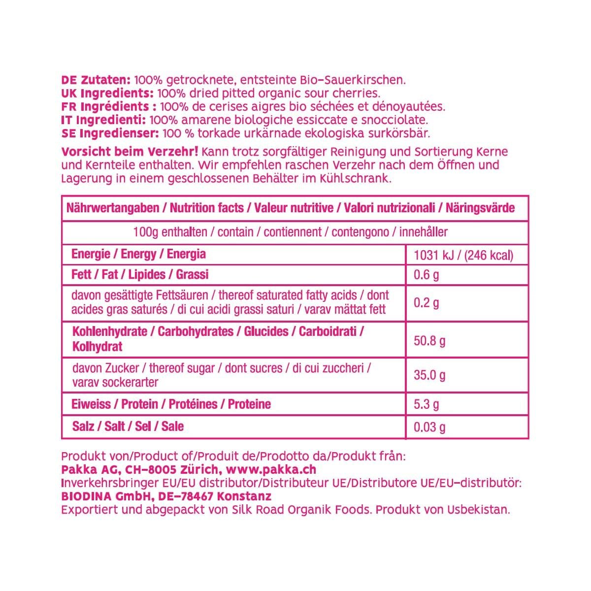 PAKKA - Suszone na słońcu organiczne wiśnie Fairtrade 750g, Dziko zebrane organiczne wiśnie, niesłodzone, niesłodzone bezpośrednio od drobnych rolników w Samarkandzie, Uzbekistan, Wegańskie, 750g Naty Shop Produkty suszone