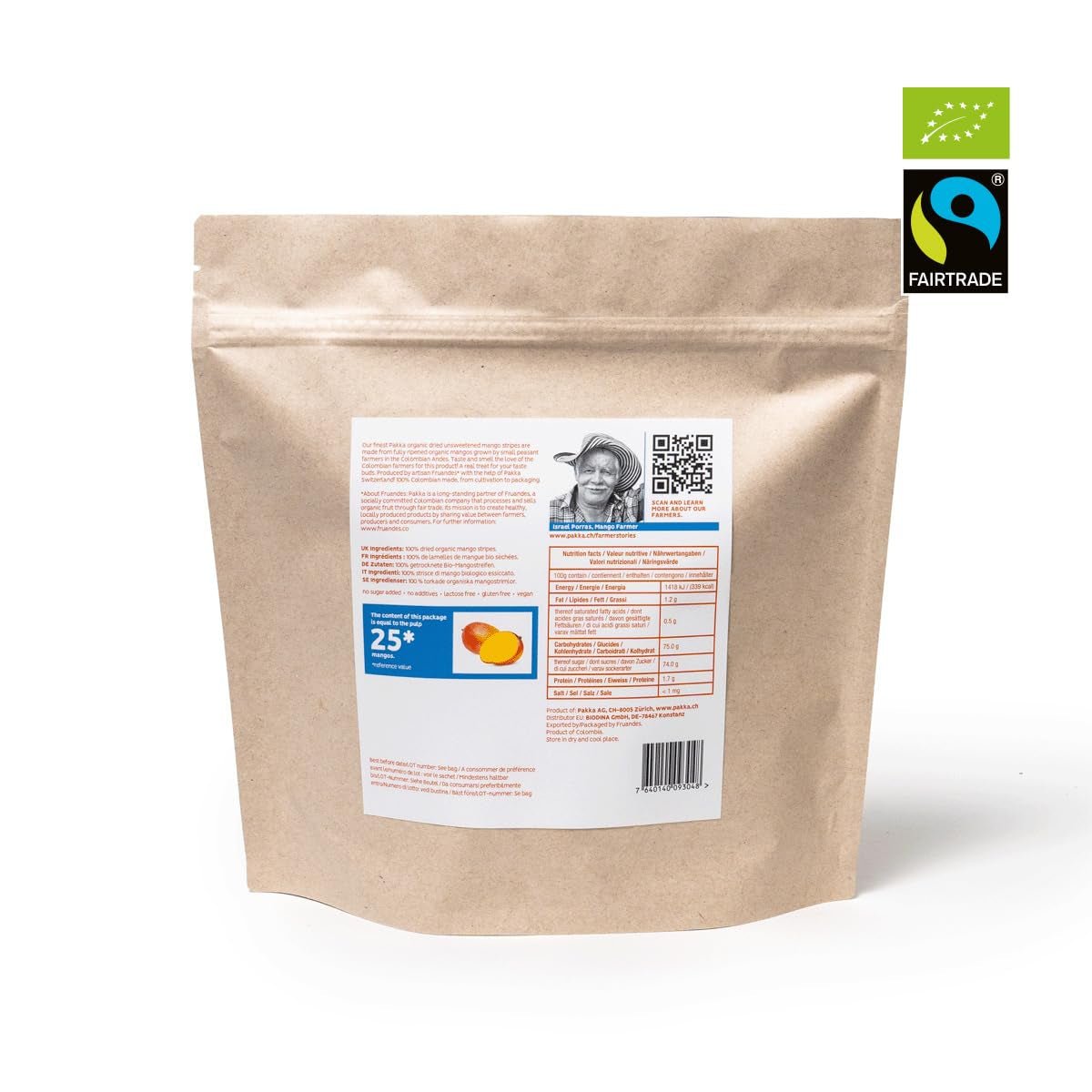 PAKKA organiczne mango Fair Trade 1kg, organiczne i fair suszone kawałki mango, niesłodzone, niesiarkowane, wyprodukowane i napełnione bezpośrednio przez producenta w Kolumbii, wegańskie 1kg (1 opakowanie) Produkty suszone Naty Shop