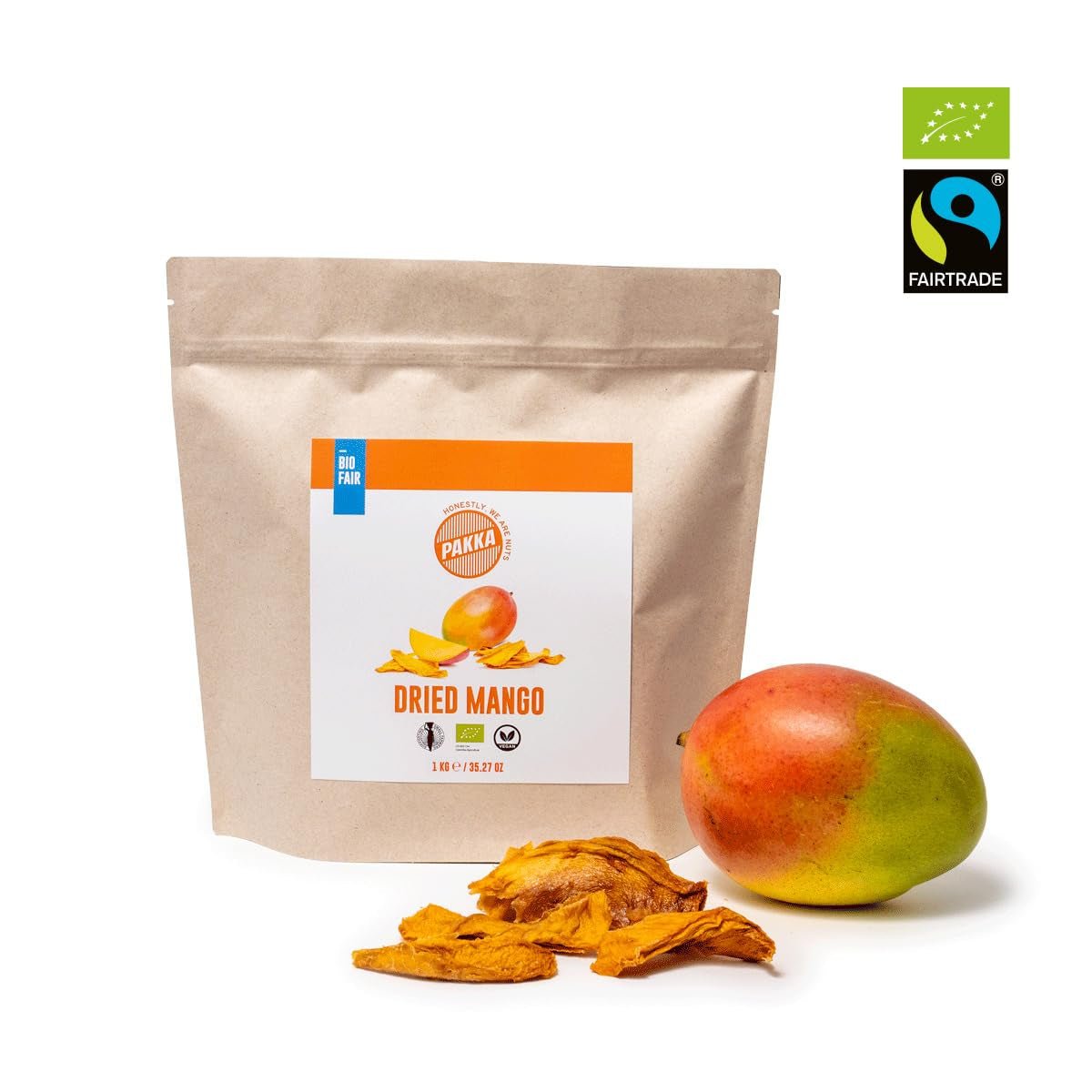 PAKKA organiczne mango Fair Trade 1kg, organiczne i fair suszone kawałki mango, niesłodzone, niesiarkowane, wyprodukowane i napełnione bezpośrednio przez producenta w Kolumbii, wegańskie 1kg (1 opakowanie) Produkty suszone Naty Shop