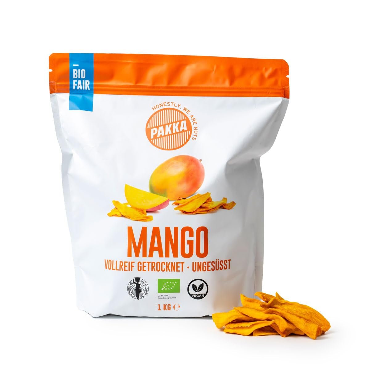 PAKKA organiczne mango Fair Trade 1kg, organiczne i fair suszone kawałki mango, niesłodzone, niesiarkowane, wyprodukowane i napełnione bezpośrednio przez producenta w Kolumbii, wegańskie 1kg (1 opakowanie) Naty Shop produkty suszone 1kg (1 opakowanie)