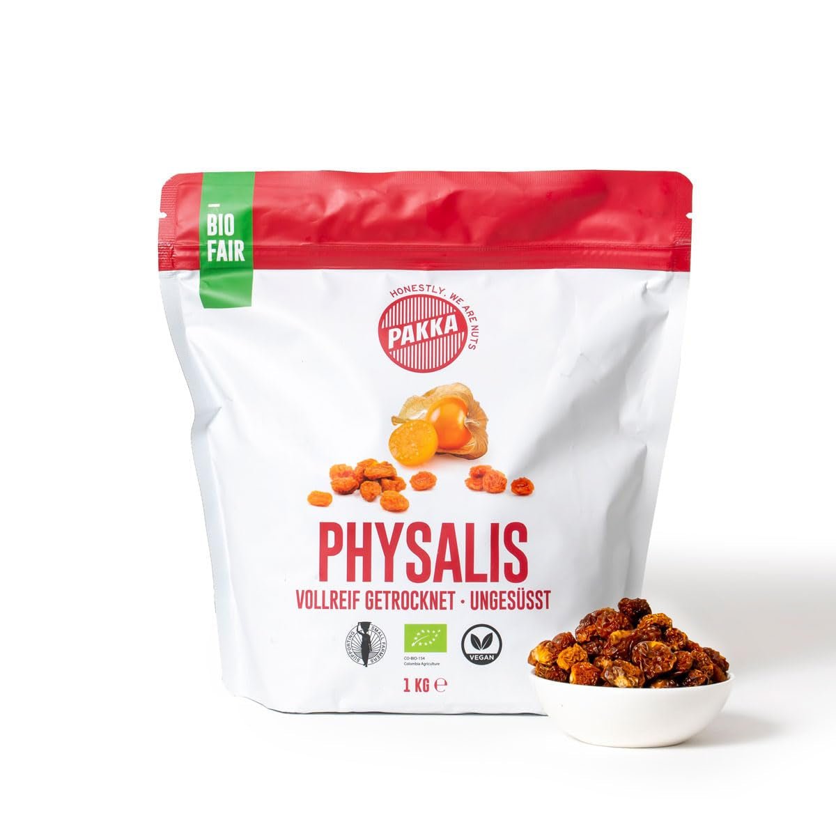 PAKKA Organic Fair Trade Physalis 1kg, organiczny rokitnik zwyczajny Fair Trade suszony, niesłodzony, niesiarkowany, wyprodukowany i butelkowany bezpośrednio przez producenta w Kolumbii, wegański 1000g (1 opakowanie) Naty Shop Dehydrated Products Wariant 2: 1 kg (1 opakowanie)