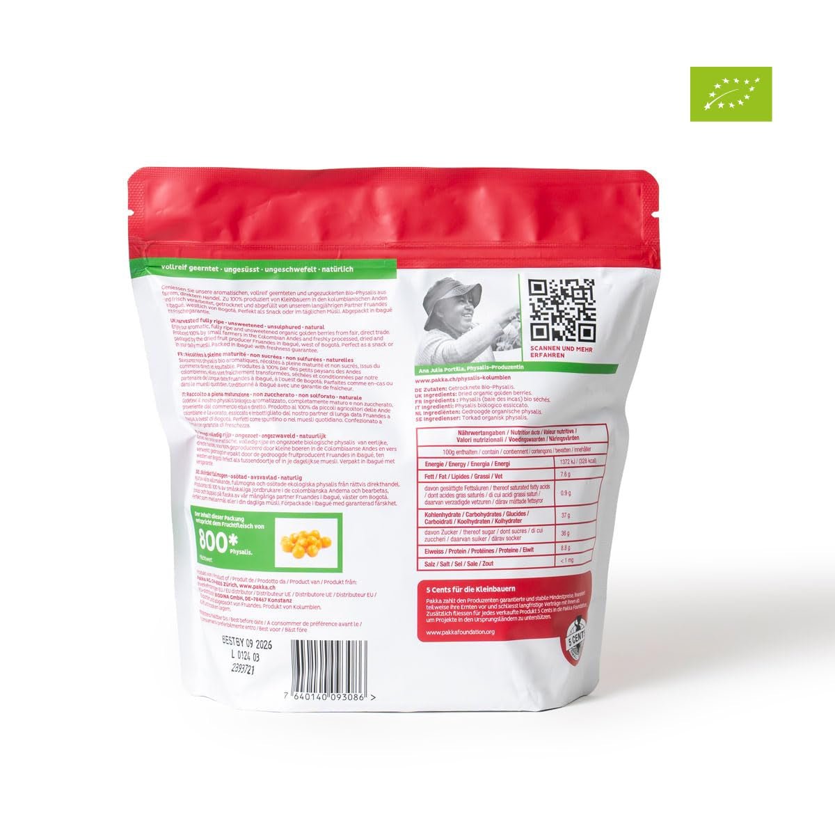PAKKA Organic Fair Trade Physalis 1kg, organiczny rokitnik zwyczajny Fair Trade suszony, niesłodzony, niesiarkowany, wyprodukowany i butelkowany bezpośrednio przez producenta w Kolumbii, wegański 1000g (1 opakowanie) Produkty suszone Naty Shop