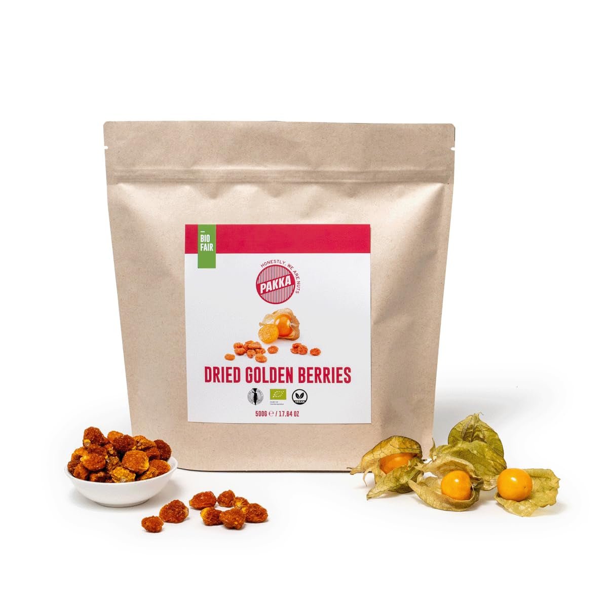PAKKA Organic Fair Trade Physalis 1kg, organiczny i fair trade suszony rokitnik, niesłodzony, niesiarkowany, wyprodukowany i butelkowany bezpośrednio przez producenta w Kolumbii, wegański 1000g (1 opakowanie) Naty Shop Dehydrated Products Wariant 1: 500 G (1 opakowanie)