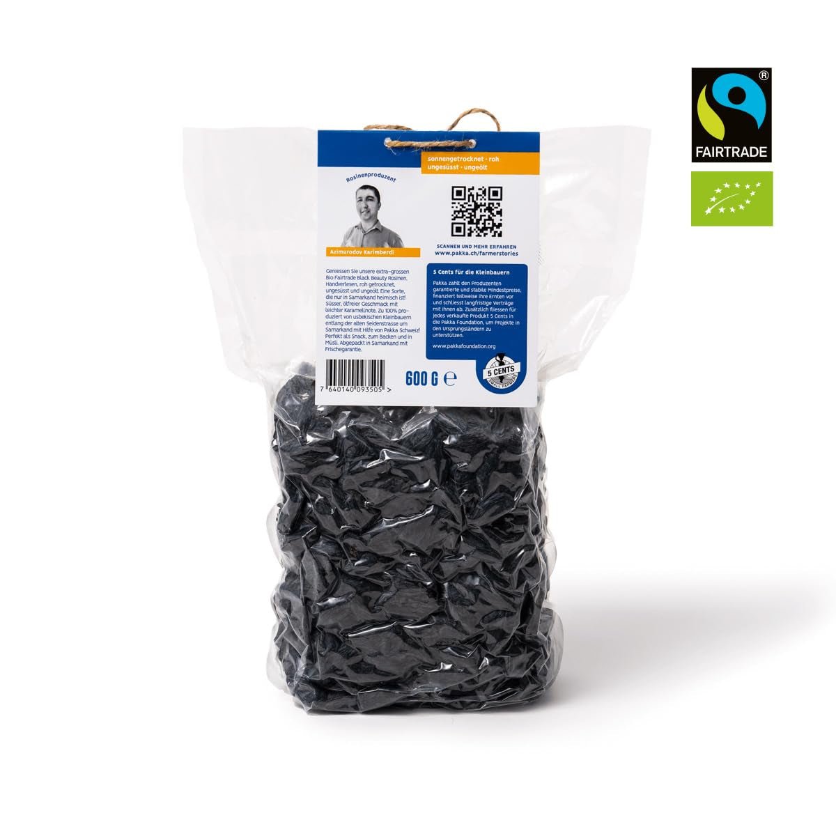 PAKKA - Organiczne rodzynki Fairtrade Black Beauty 600gr, organiczne, bezpestkowe, czarne winogrona, suszone na słońcu, bezolejowe, bardzo lepkie, niesiarkowane, bezpośrednio od drobnych rolników w Samarkandzie w Uzbekistanie Produkty suszone Naty Shop